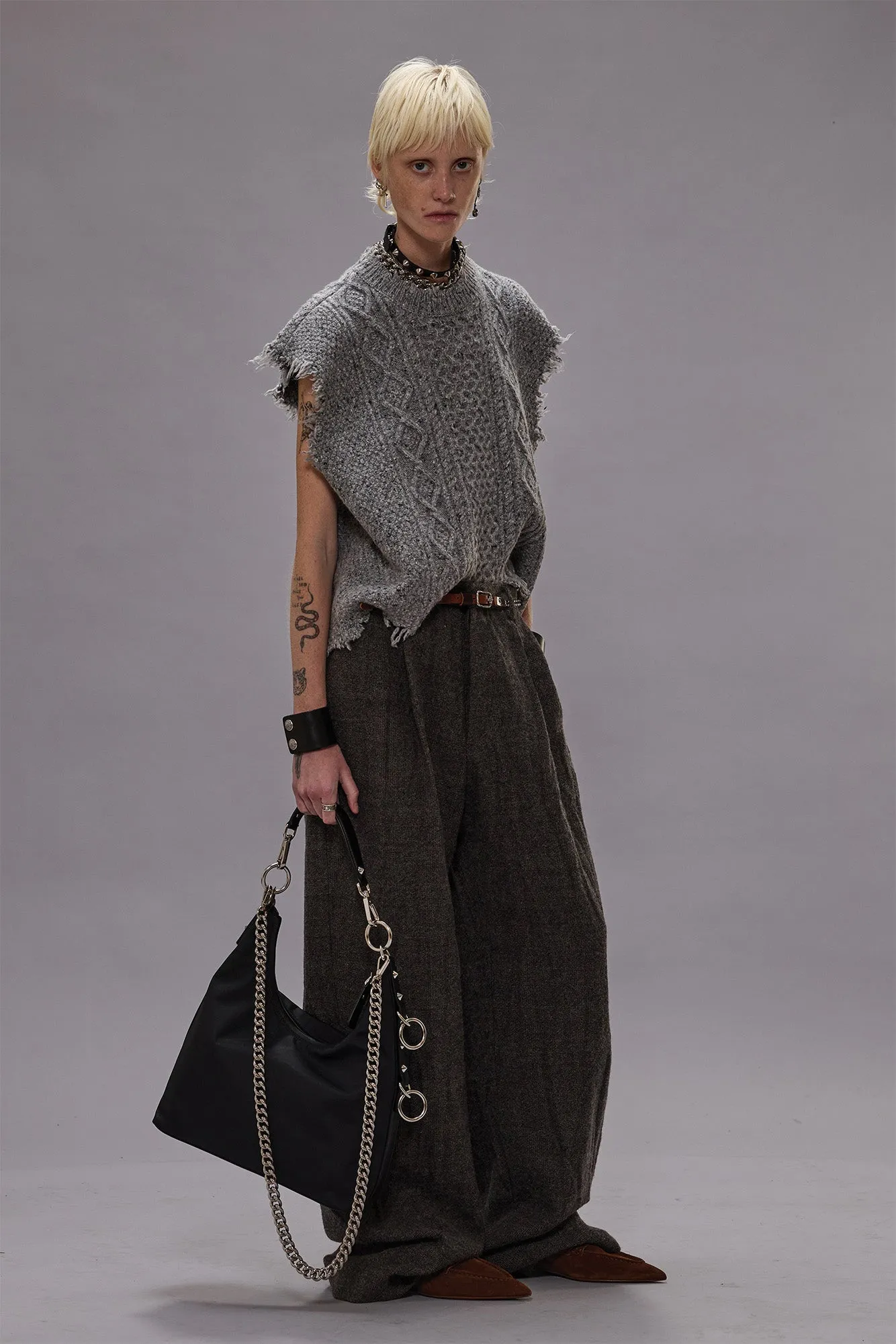 BOYFRIEND CABLE SWEATER VEST - HEATHER GREY TWEED sold by R13