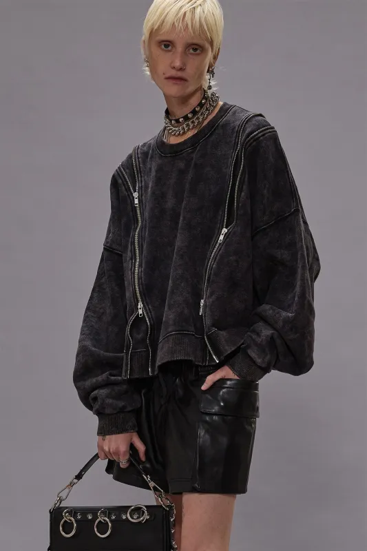 ZIPPERED CREWNECK - WASHED BLACK sold by R13