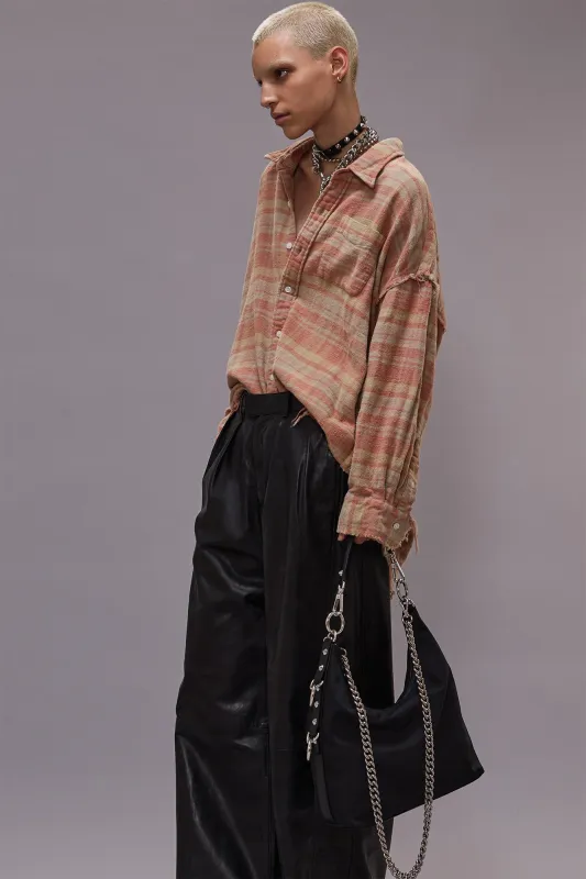 SHREDDED SEAM DROP NECK SHIRT - WASHED OUT RED/KHAKI PLAID sold by R13