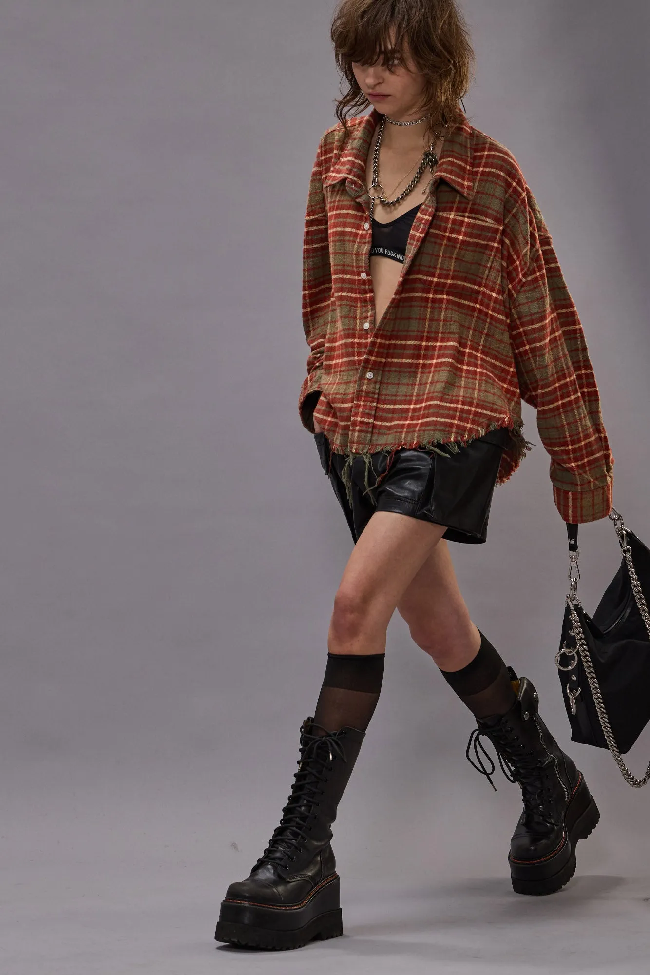DROP NECK CROPPED SHIRT - BROWN PLAID sold by R13 product image thumbnail 2