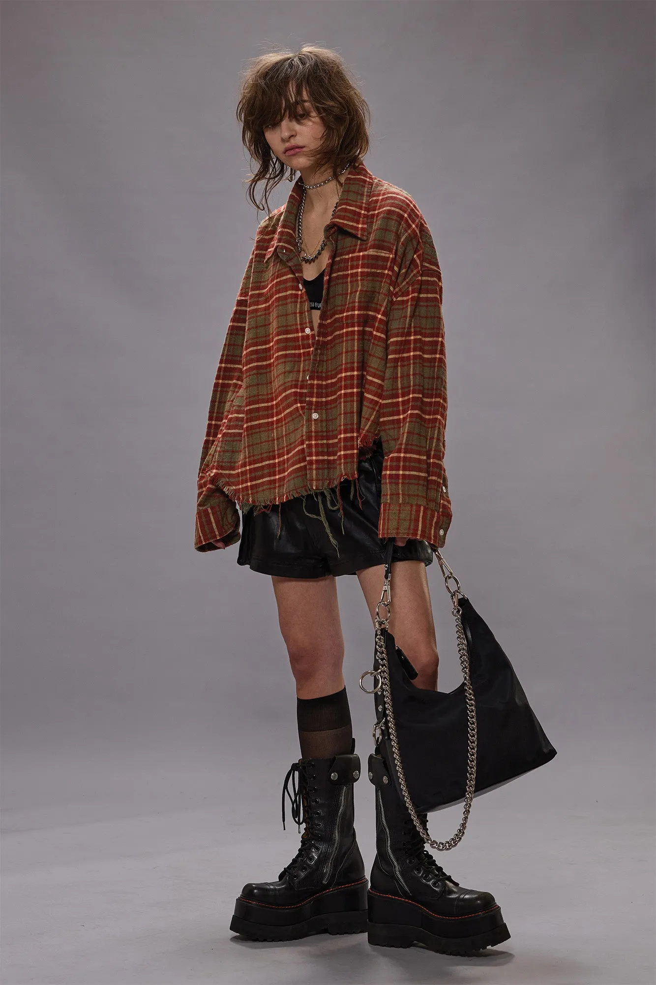 DROP NECK CROPPED SHIRT - BROWN PLAID sold by R13