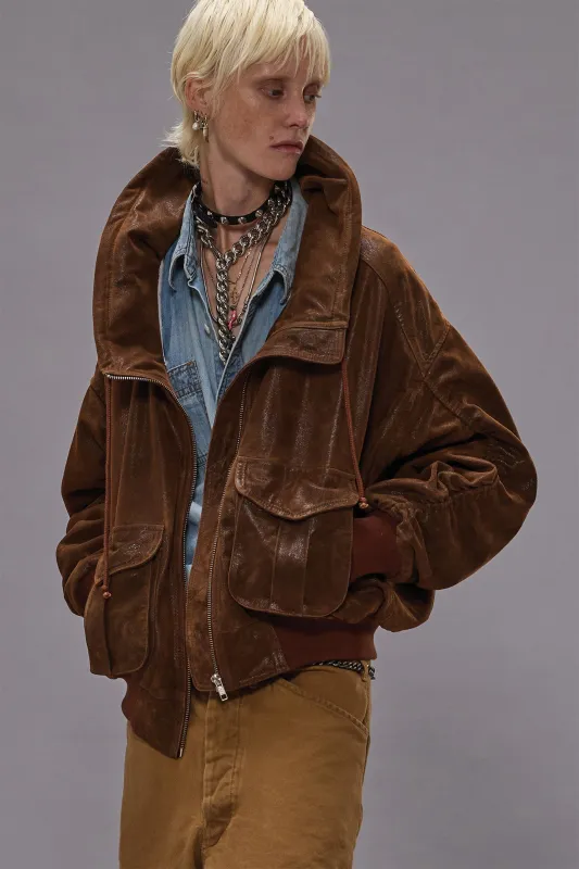 LEATHER SHIRRED OVERSIZED BOMBER - BROWN sold by R13