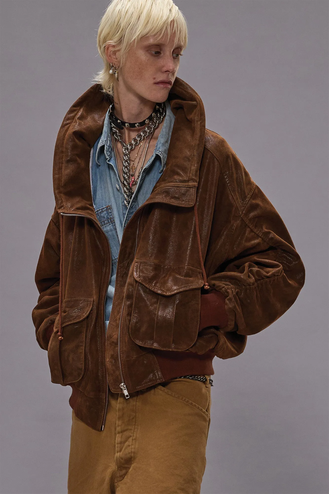 LEATHER SHIRRED OVERSIZED BOMBER - BROWN sold by R13