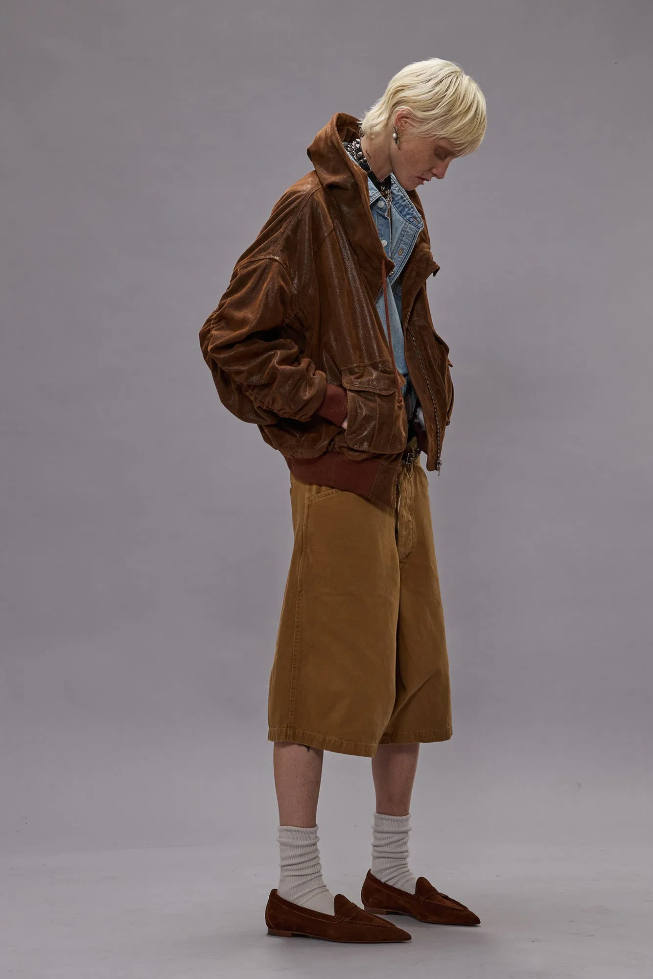 LEATHER SHIRRED OVERSIZED BOMBER - BROWN sold by R13 product image thumbnail 2