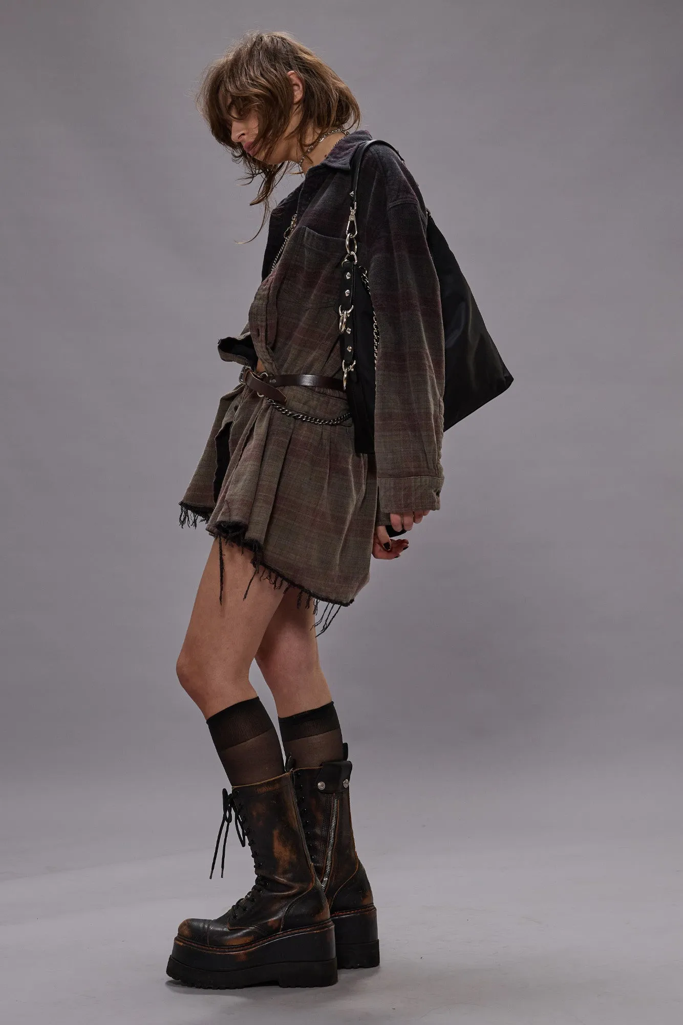 OVERSIZED SHIRTDRESS ROMPER - OVERDYED BLACK PLAID sold by R13 product image thumbnail 2