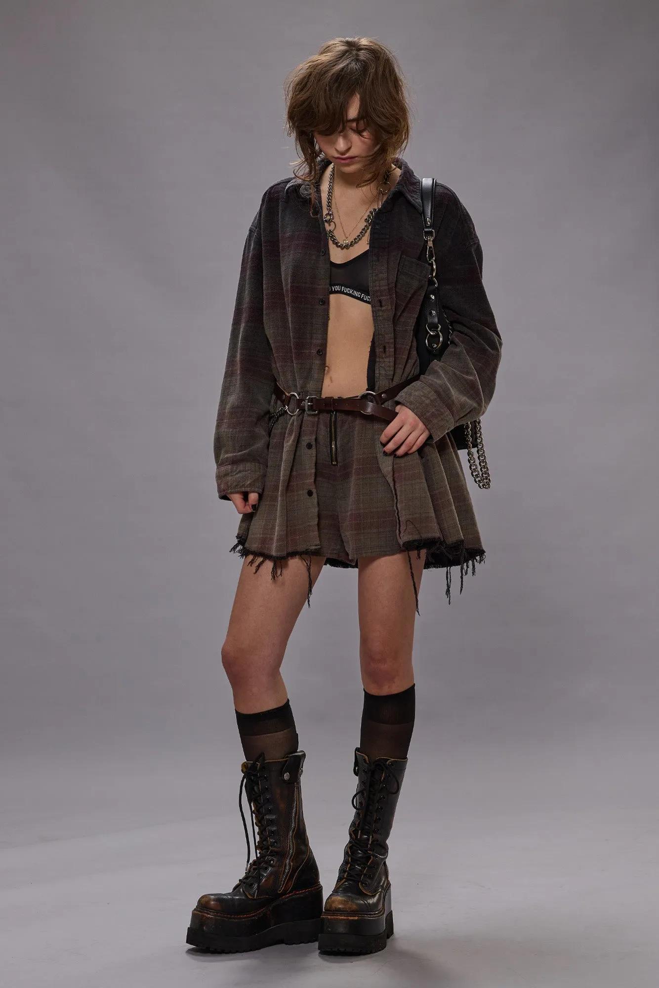 OVERSIZED SHIRTDRESS ROMPER - OVERDYED BLACK PLAID sold by R13