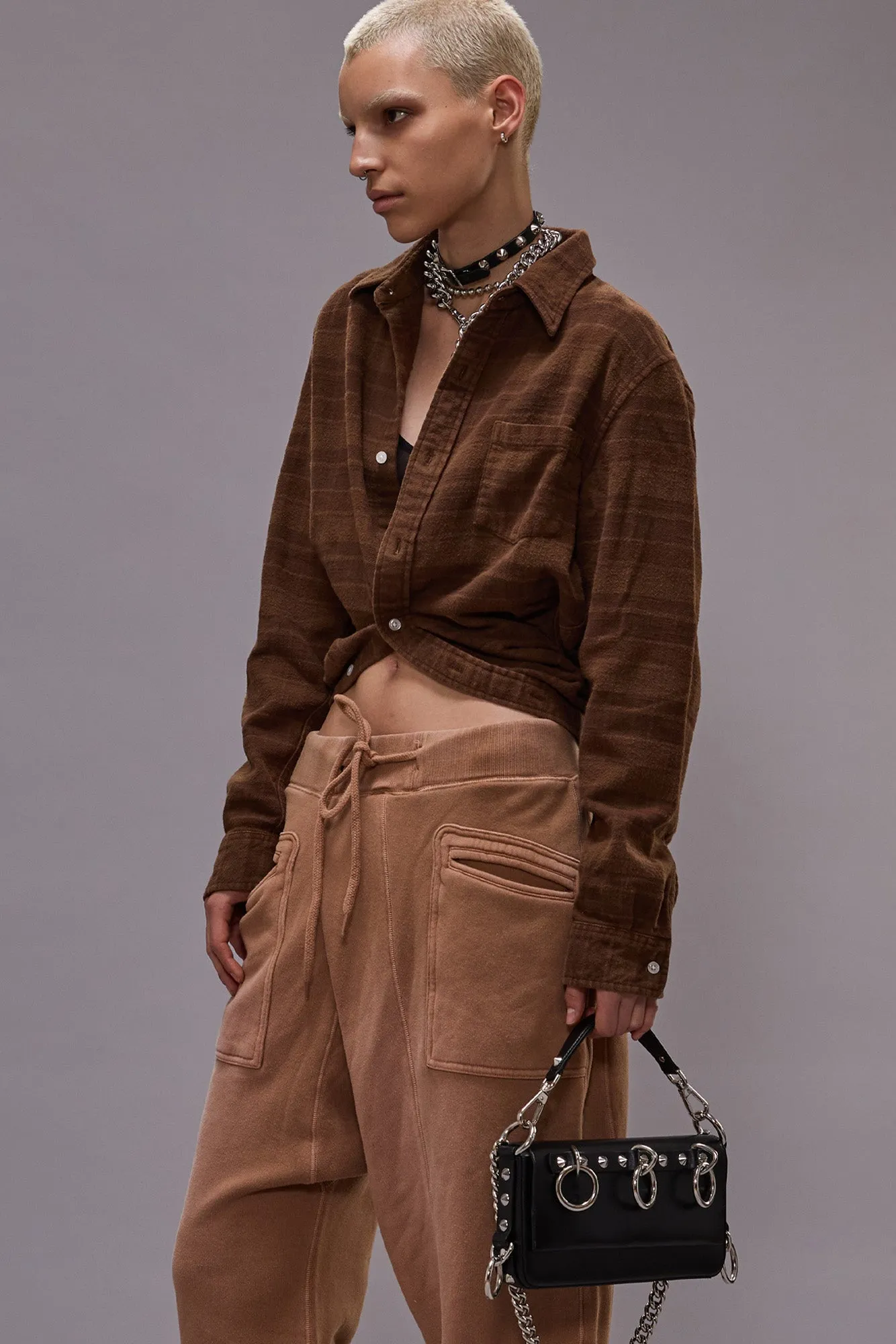 WRAP AROUND SHIRT - OVERDYED BROWN PLAID sold by R13