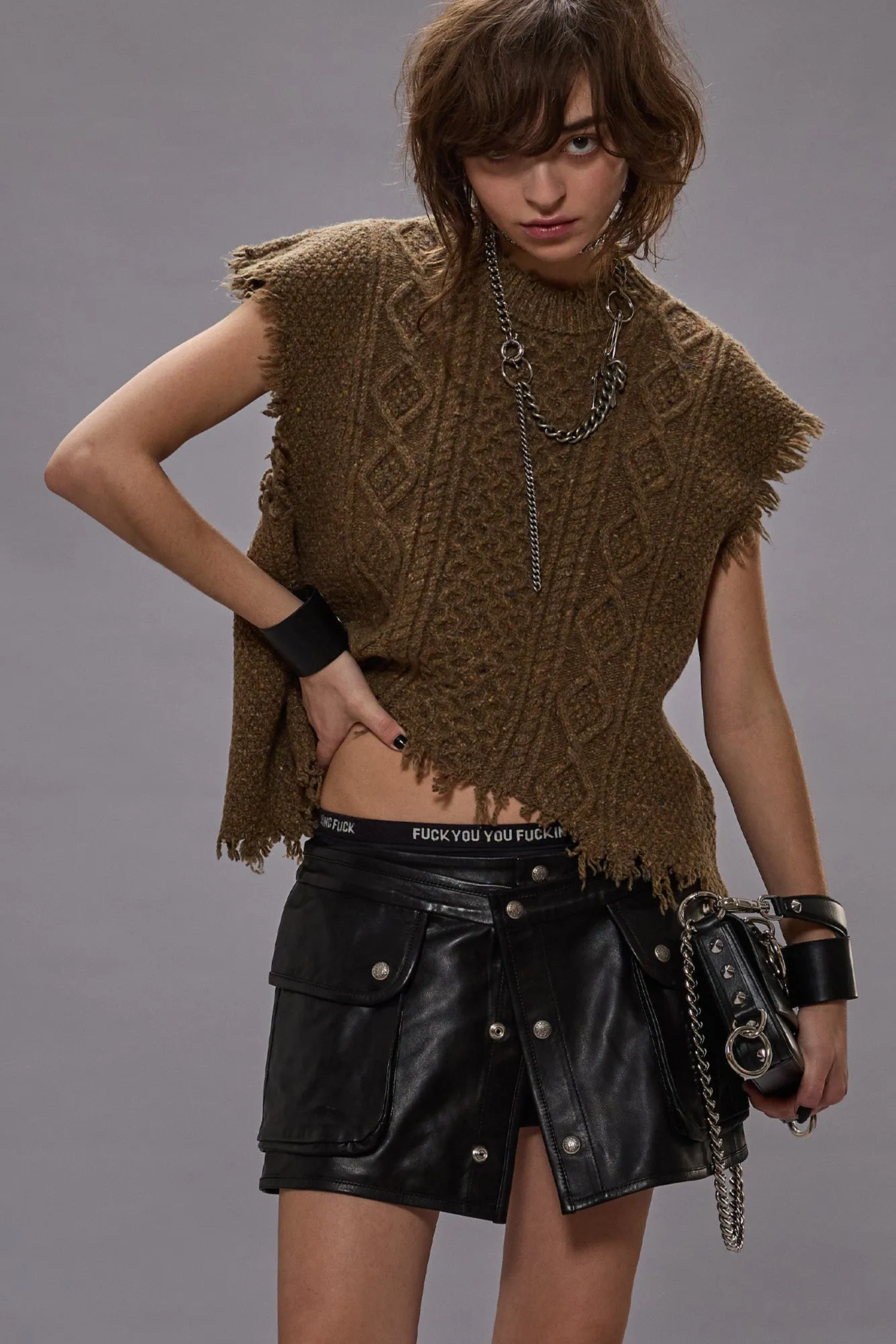 BOYFRIEND CABLE SWEATER VEST - BROWN TWEED sold by R13 product image thumbnail 2