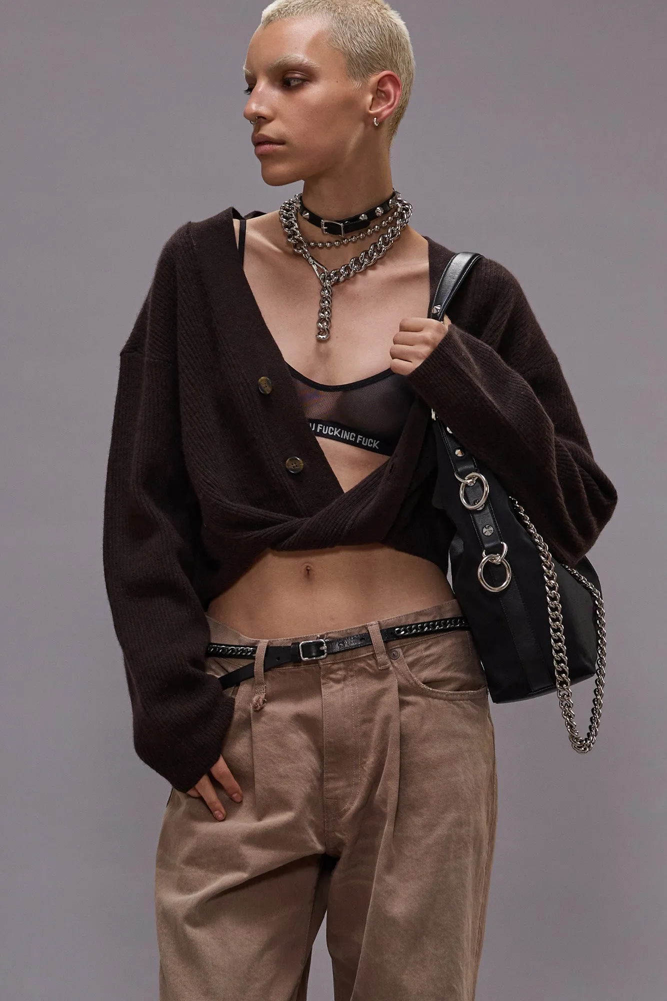 TWISTED FRONT RIBBED CARDIGAN - DARK BROWN sold by R13