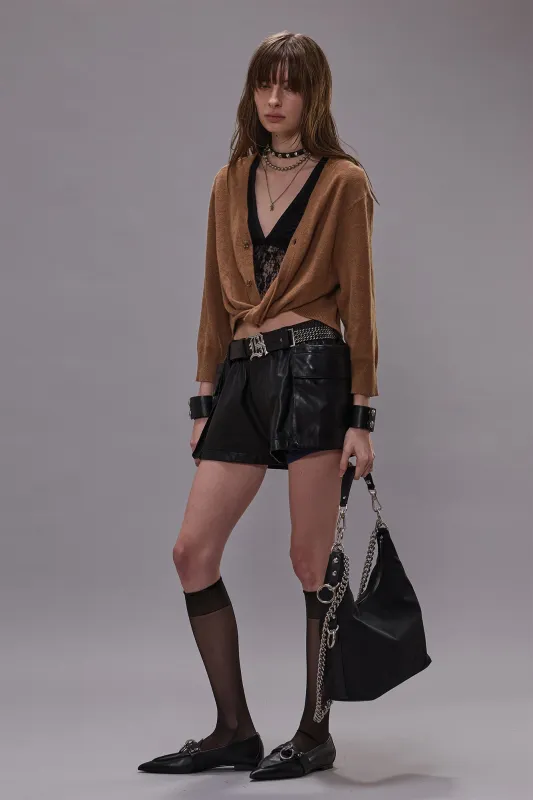 3/4 SLEEVE TWISTED FRONT CARDIGAN - LIGHT BROWN sold by R13