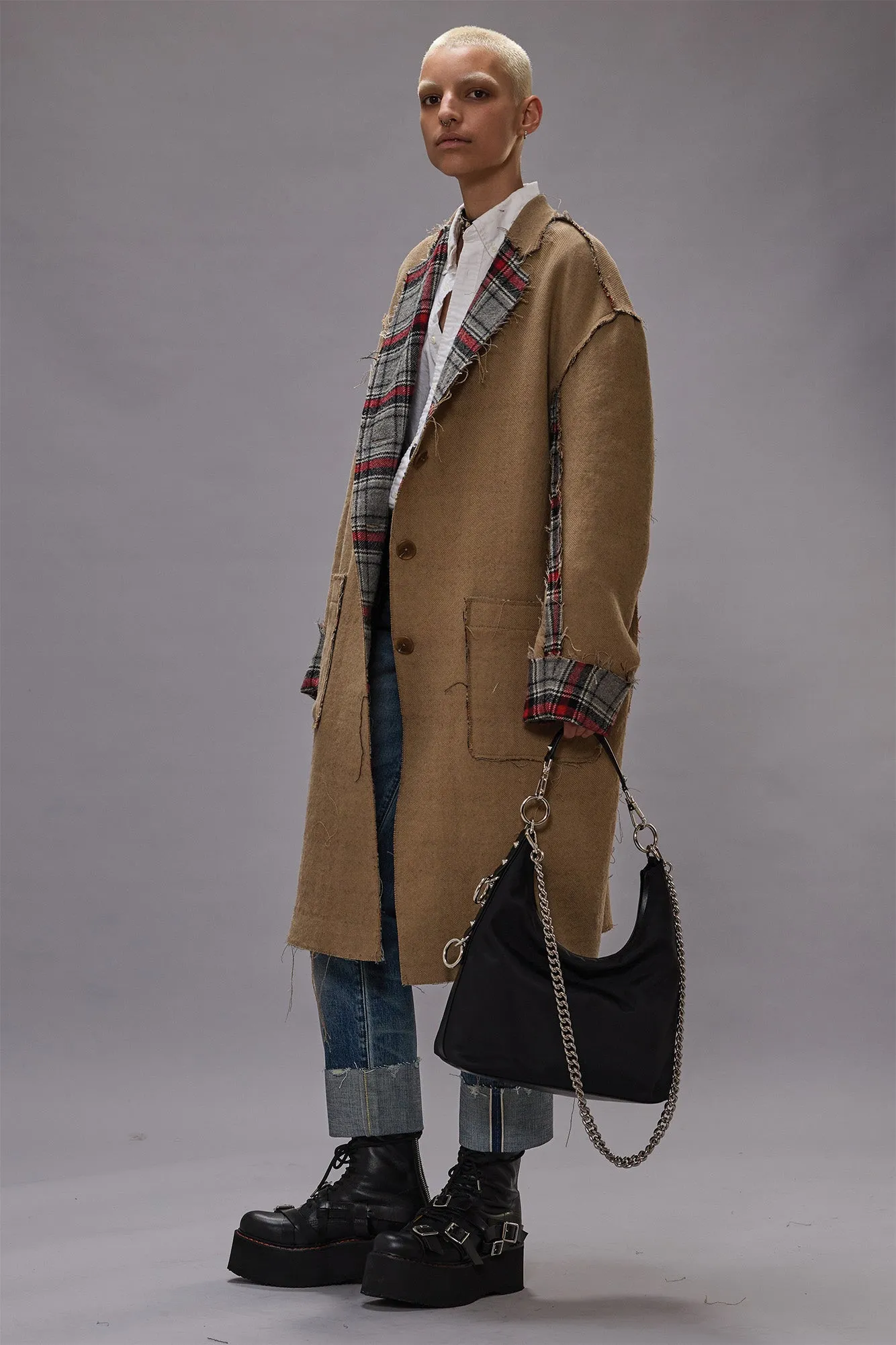 REVERSIBLE RAW CUT COAT - RED/GREY PLAID sold by R13