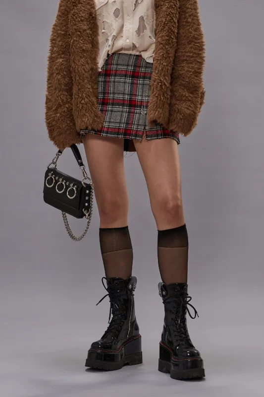 REVERSIBLE RAW CUT MINI SKIRT - RED/GREY PLAID sold by R13