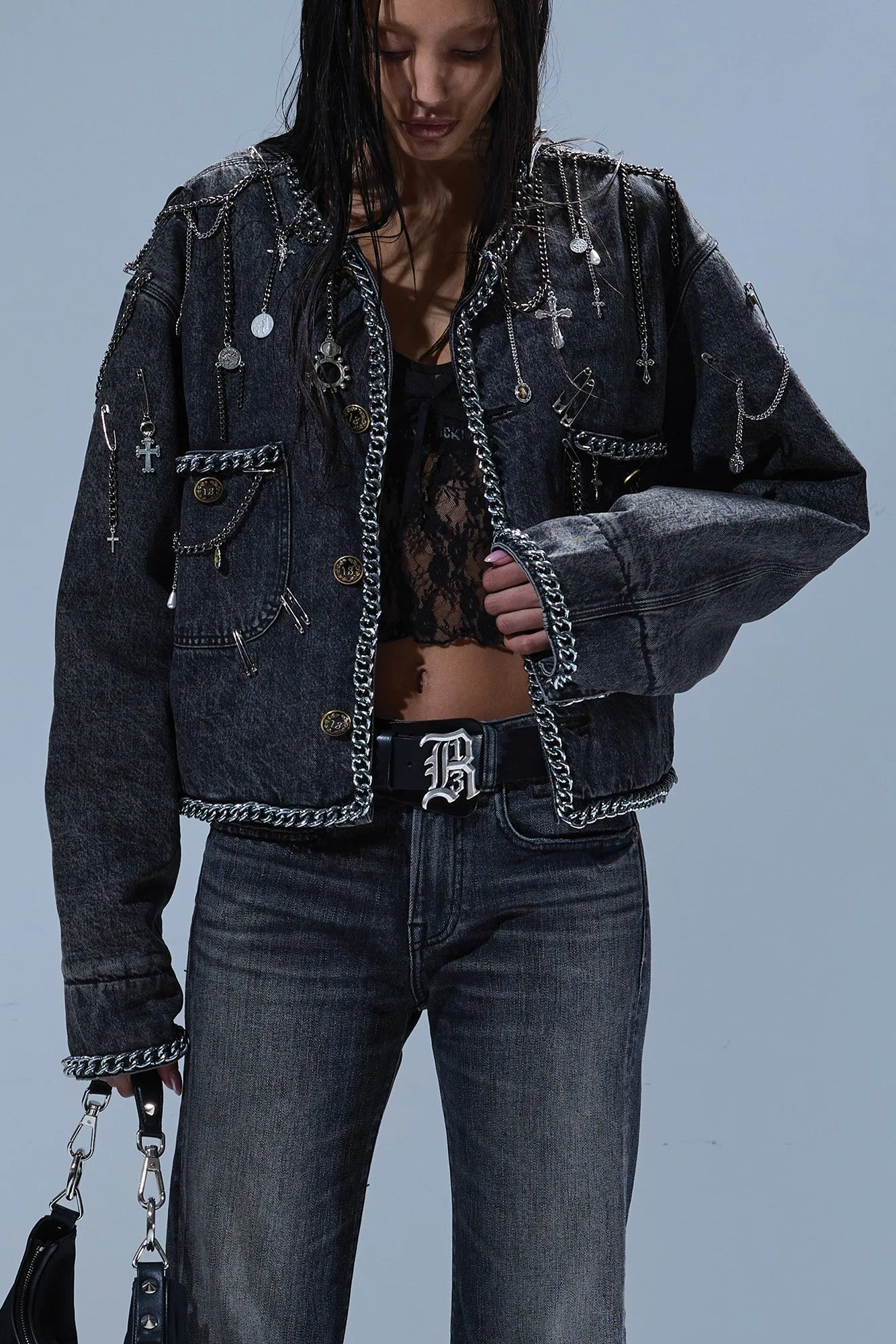 CHAIN EMBELLISHED CROPPED CHORE JACKET - DUSKY GREY sold by R13