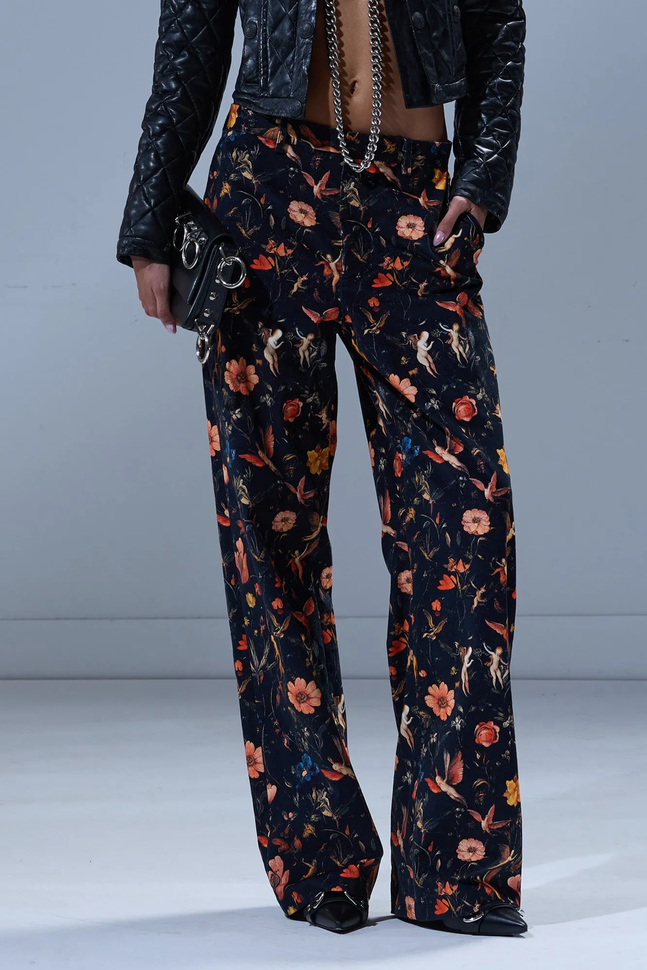 FLAT FRONT WIDE LEG TROUSER - FLORAL WITH ANGELS BLACK sold by R13 product image thumbnail 2