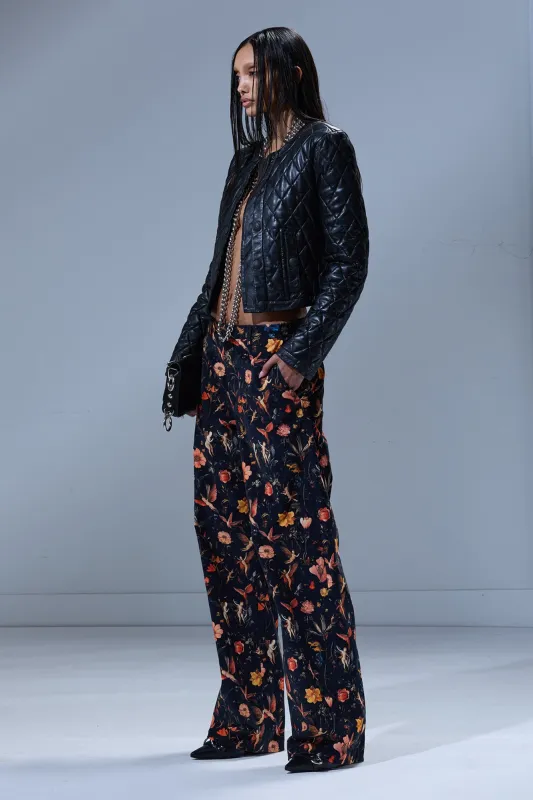 FLAT FRONT WIDE LEG TROUSER - FLORAL WITH ANGELS BLACK sold by R13