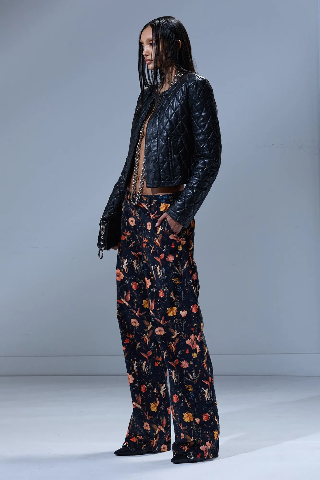 FLAT FRONT WIDE LEG TROUSER - FLORAL WITH ANGELS BLACK sold by R13