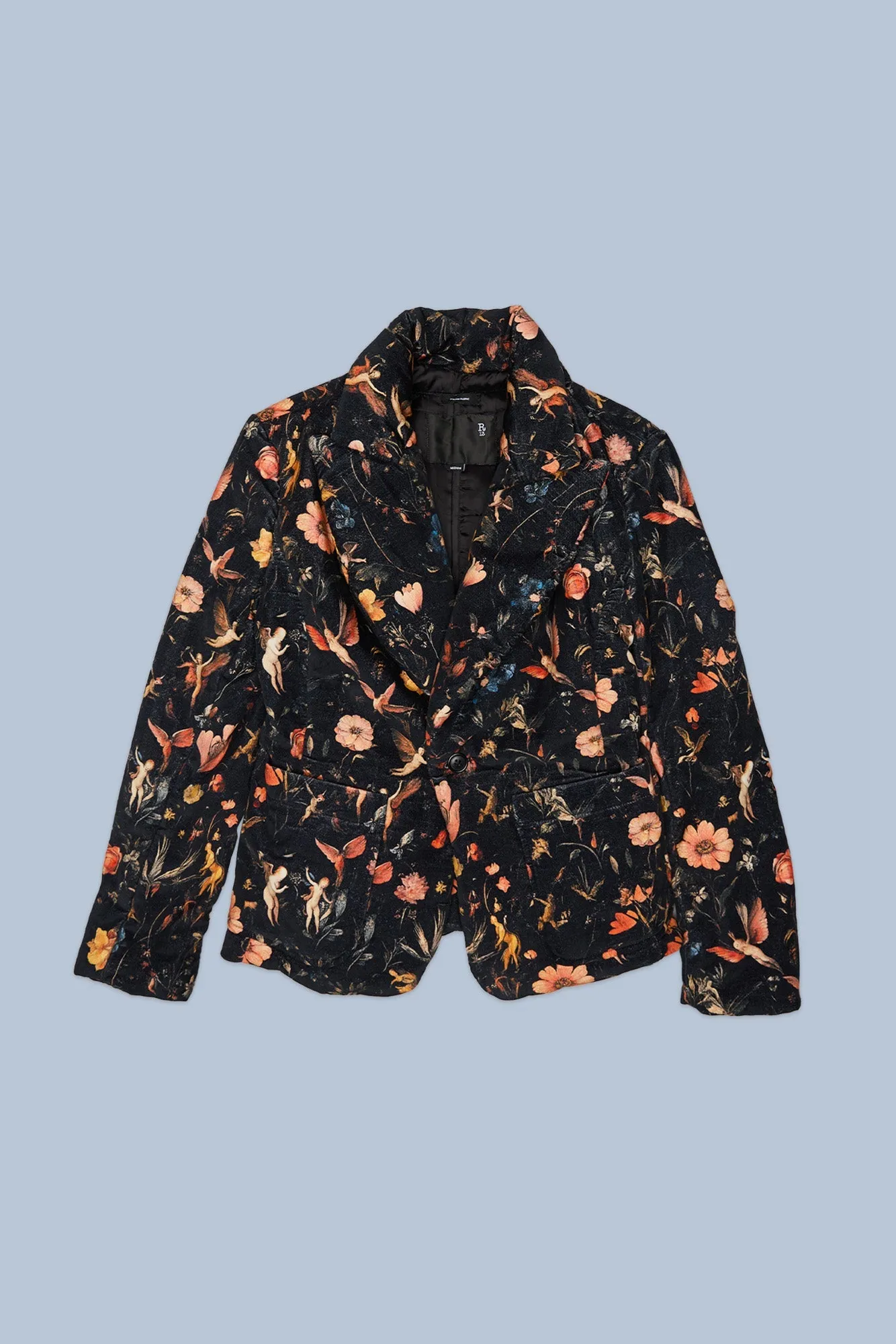 PADDED PEAK LAPEL SHRUNKEN BLAZER - FLORAL WITH ANGELS BLACK sold by R13 product image thumbnail 3