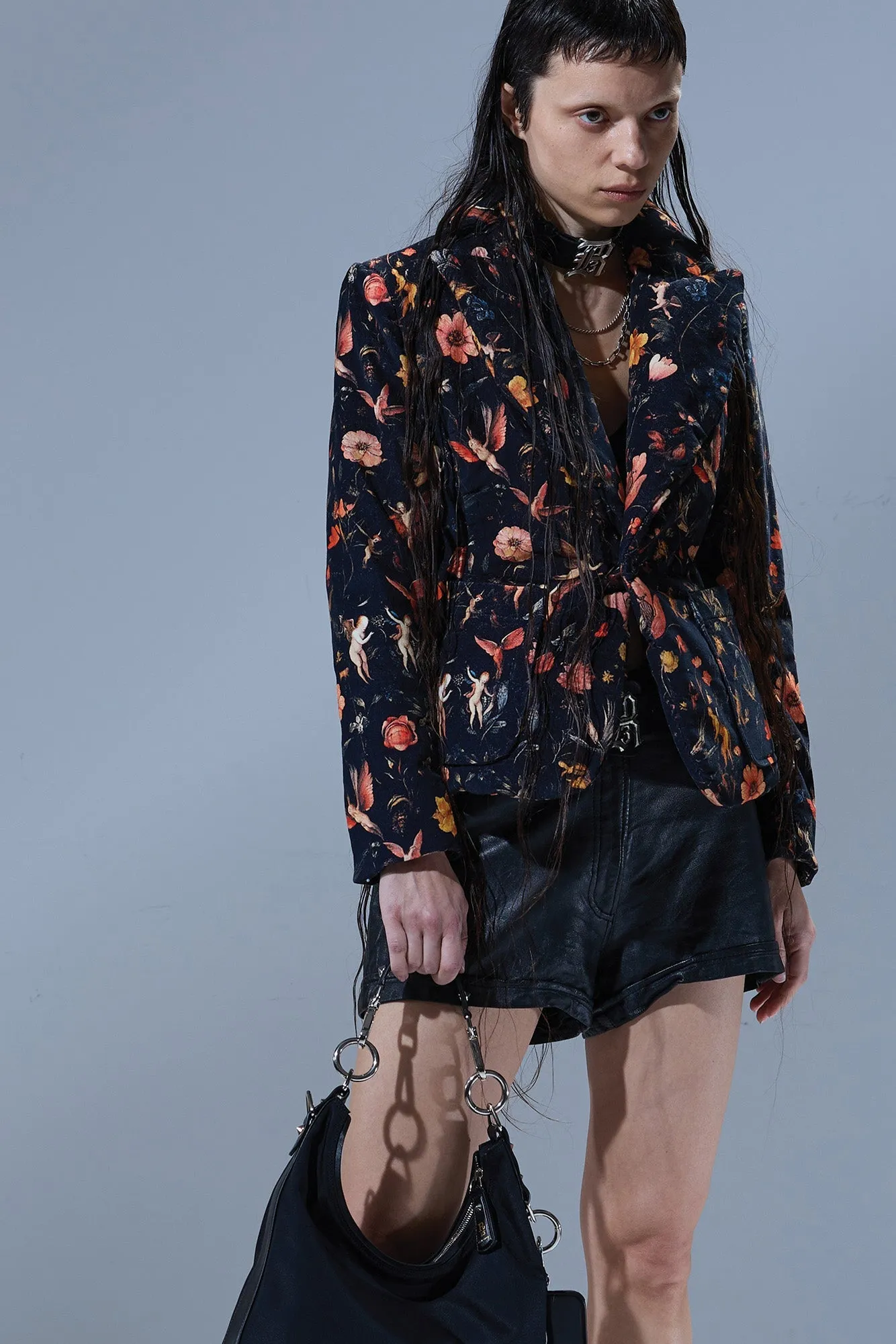 PADDED PEAK LAPEL SHRUNKEN BLAZER - FLORAL WITH ANGELS BLACK sold by R13