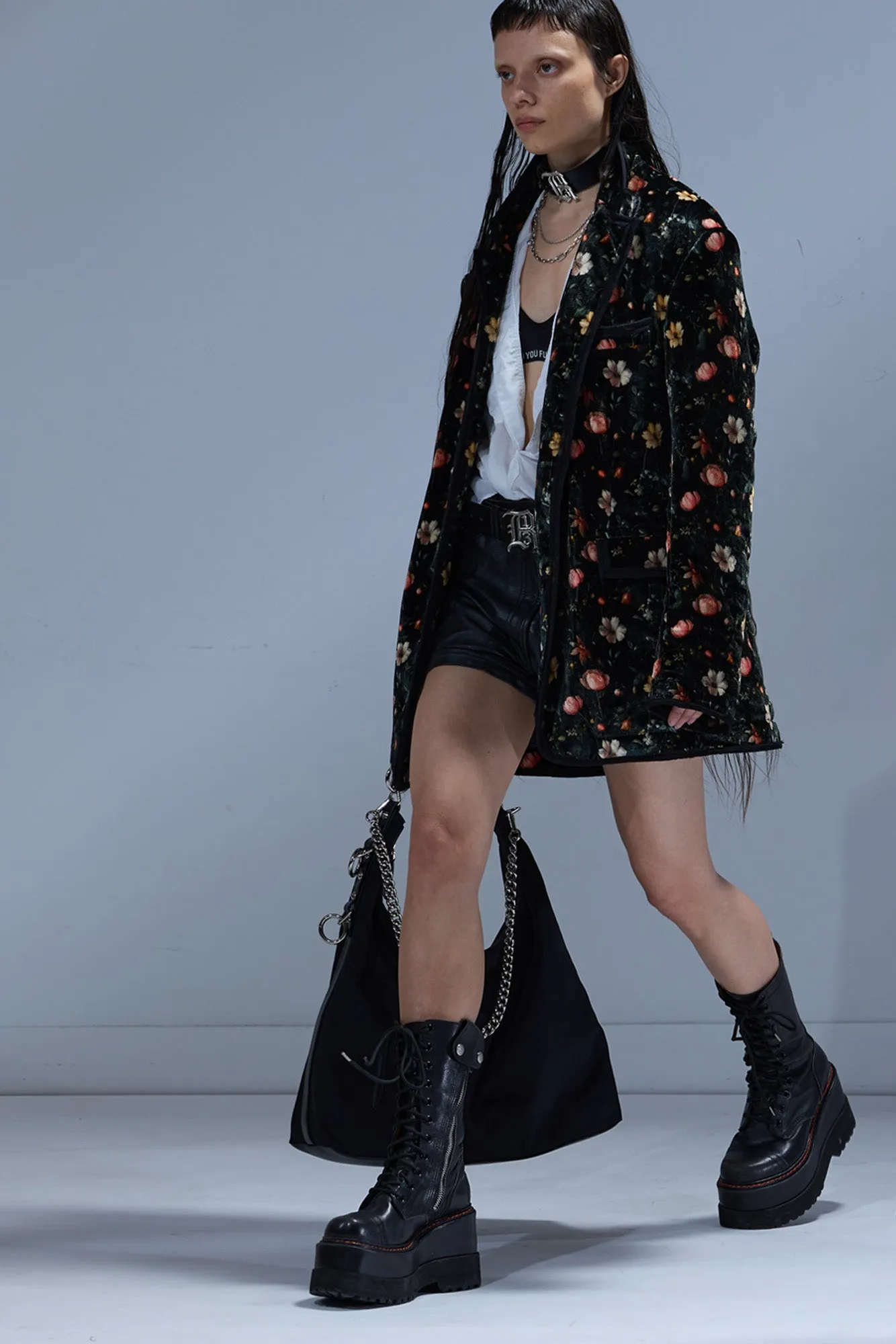 RAGGED BLAZER WITH CHIFFON TRIM - MULTIFLORAL BLACK sold by R13