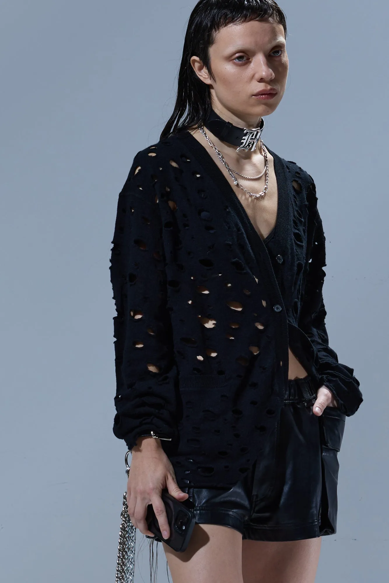 RIPPED BOYFRIEND CARDIGAN - BLACK sold by R13