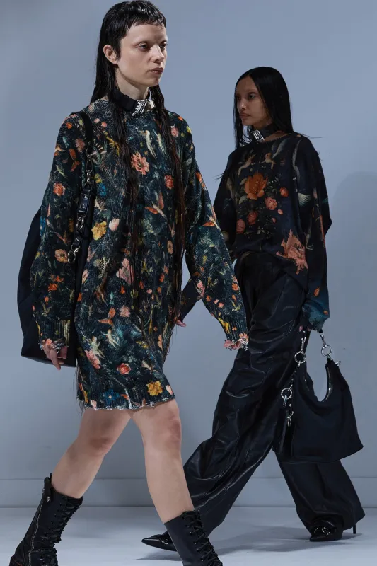 PRINTED GRUNGE SWEATER DRESS - FLORAL WITH ANGELS BLACK sold by R13