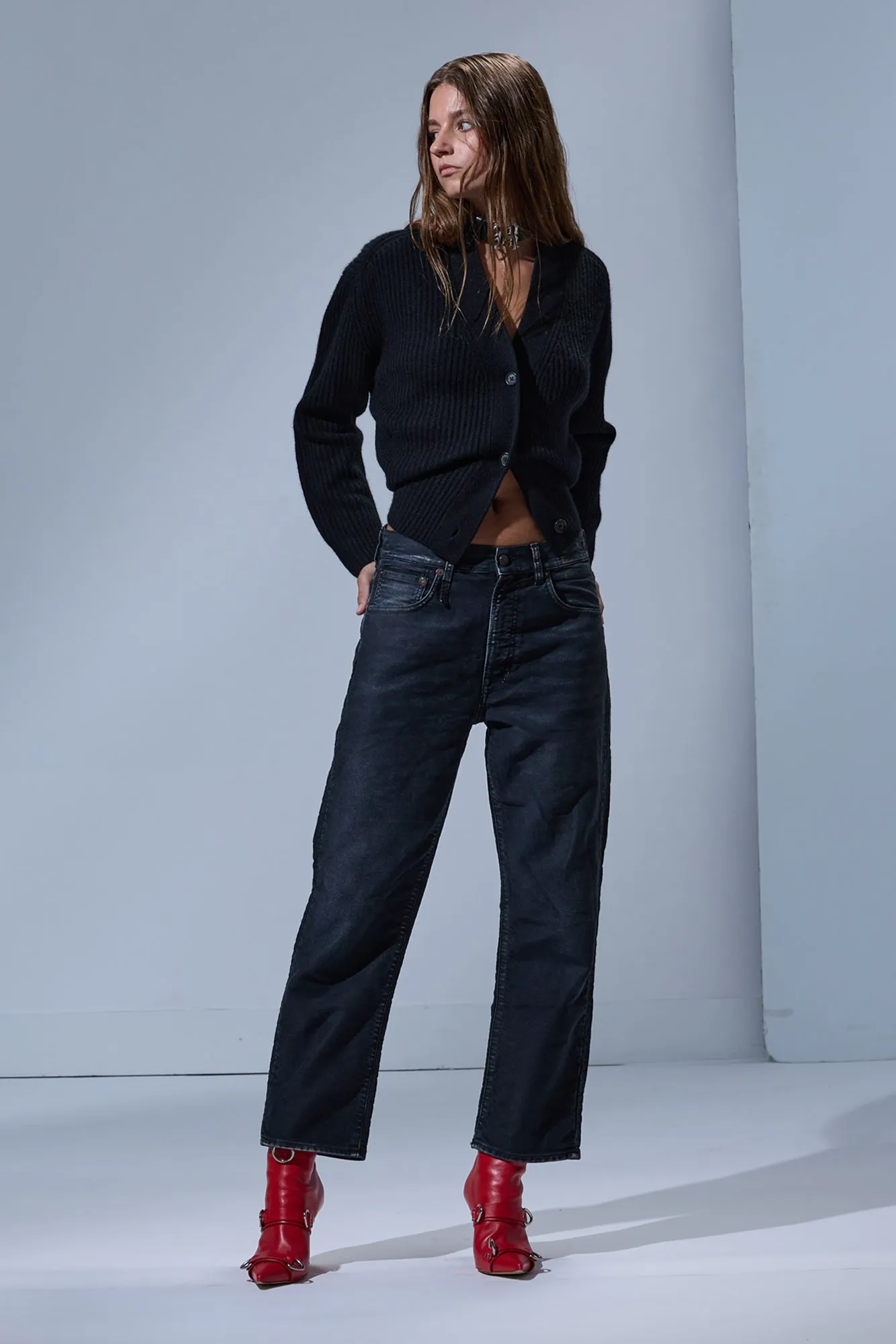 SPLIT HEM RIBBED CARDIGAN - BLACK sold by R13 product image thumbnail 2