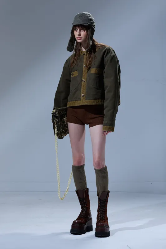 CORD TRIMMED CROPPED CHORE JACKET - DUSKY OLIVE CANVAS GREEN sold by R13