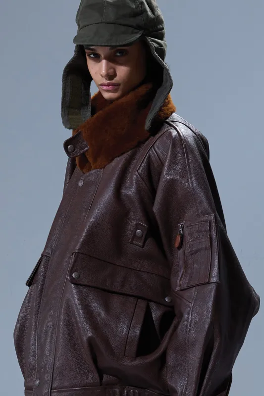 LEATHER FLIGHT JACKET WITH SHEARLING COLLAR - BROWN sold by R13