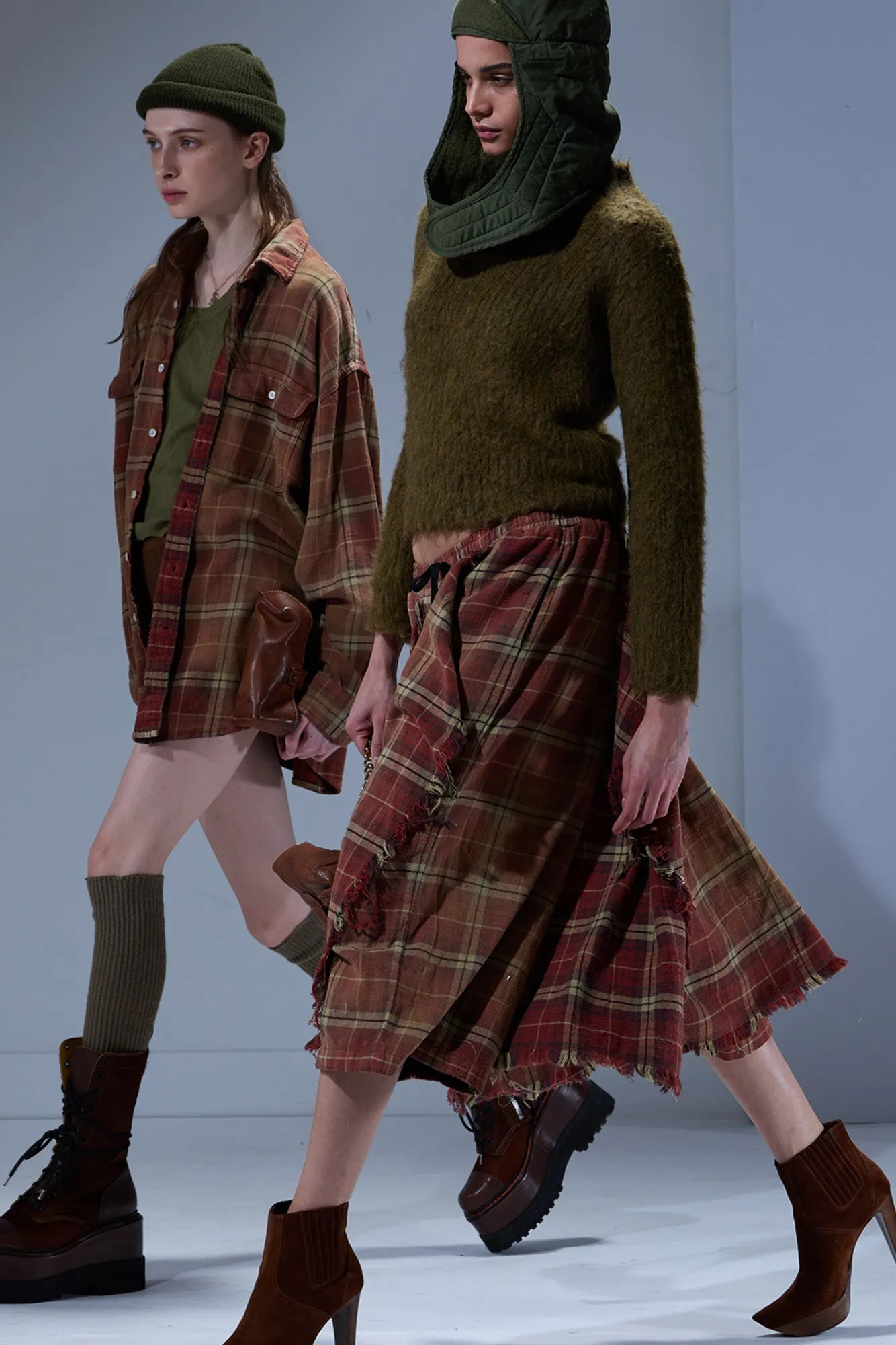 OVERLAY DECONSTRUCTED PANTS - BLEACHED RED / ECRU PLAID sold by R13