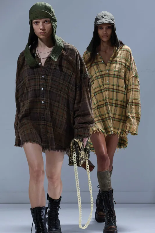 SHREDDED SEAM DROP NECK SHIRT - TEAL / NAVY / YELLOW PLAID BROWN sold by R13