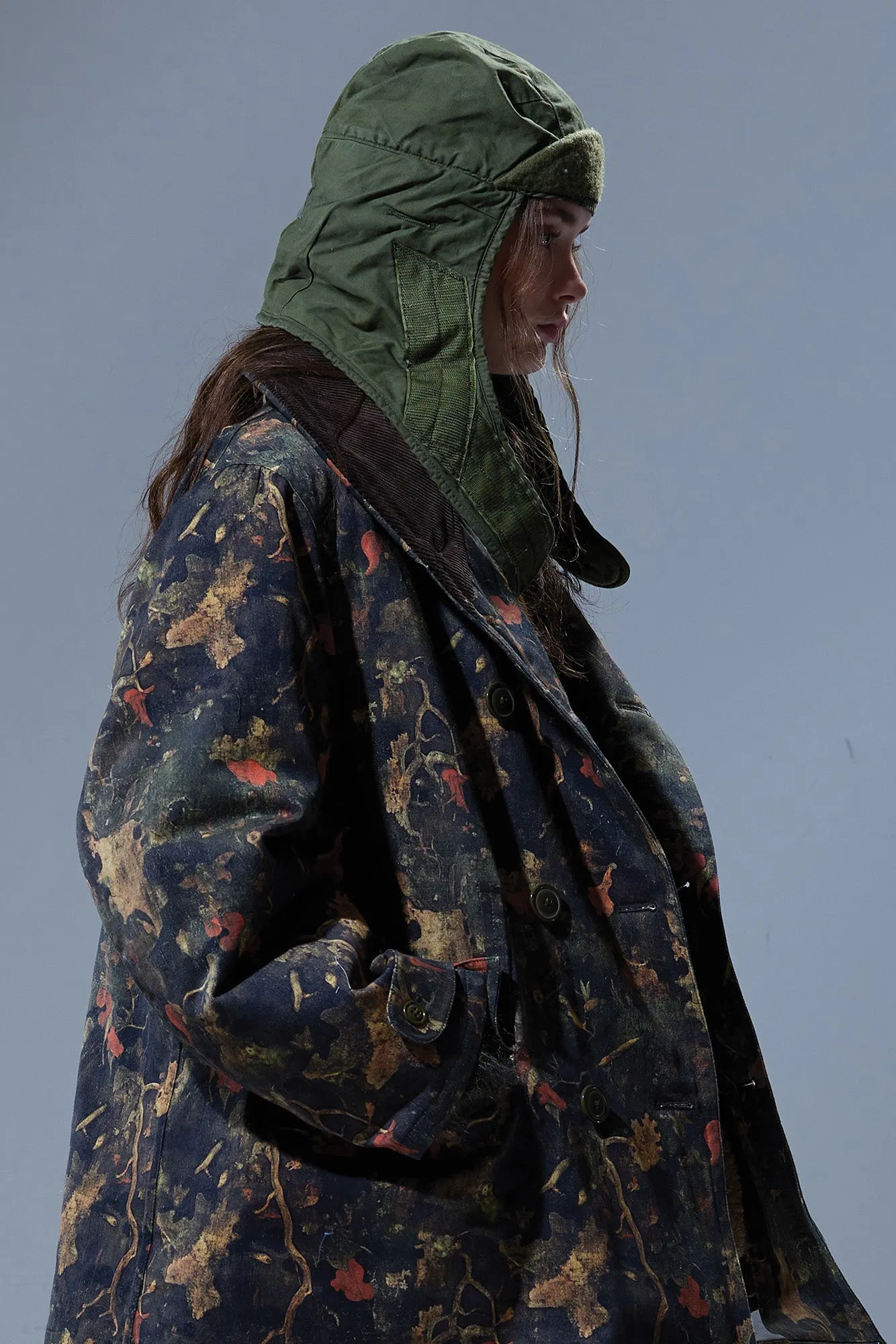 OVERSIZED SHAWL LAPEL COAT - LEAF CAMO BROWN sold by R13