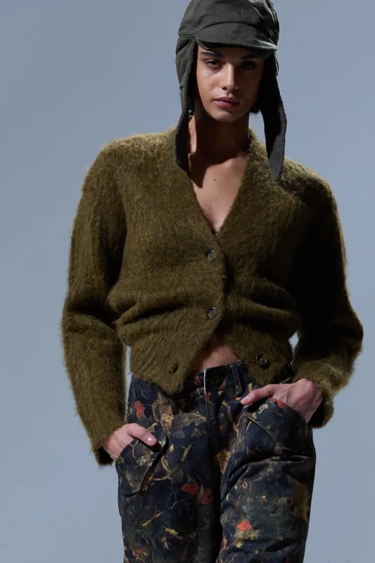 SPLIT HEM RIBBED CARDIGAN - HEATHER OLIVE GREEN sold by R13