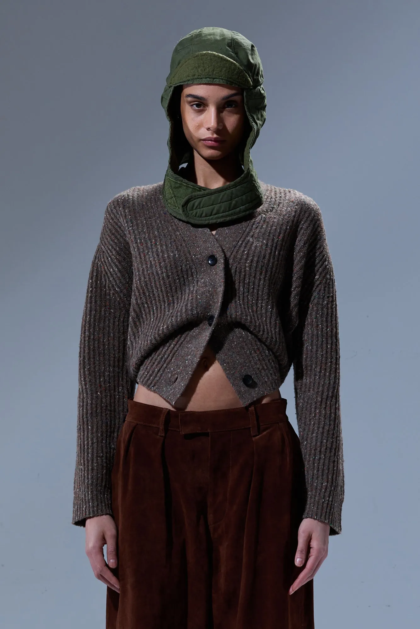 SPLIT HEM RIBBED CARDIGAN - BROWN TWEED sold by R13 product image thumbnail 3