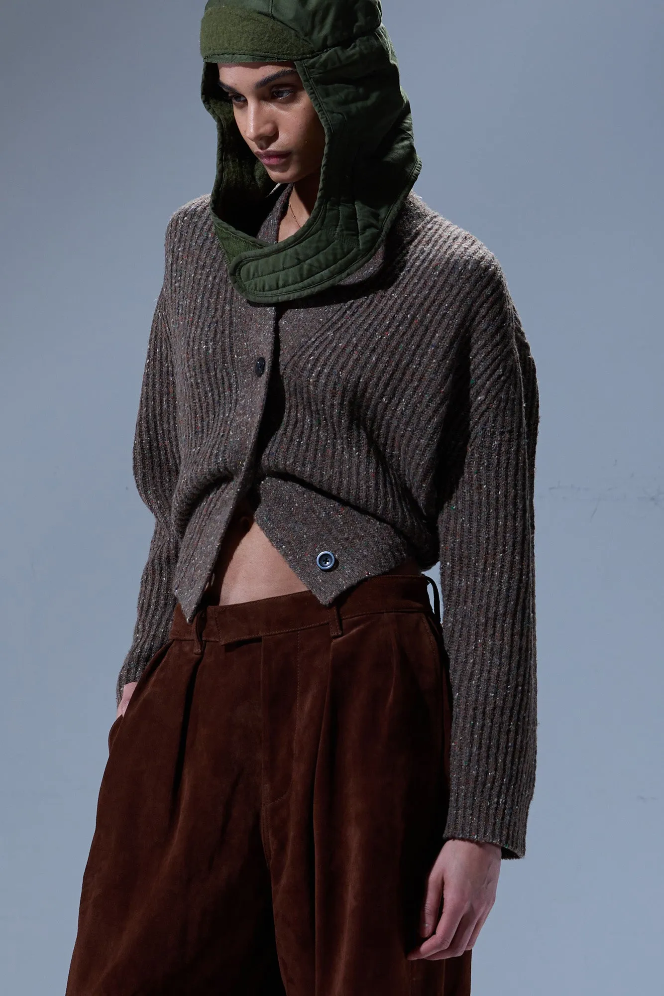 SPLIT HEM RIBBED CARDIGAN - BROWN TWEED sold by R13