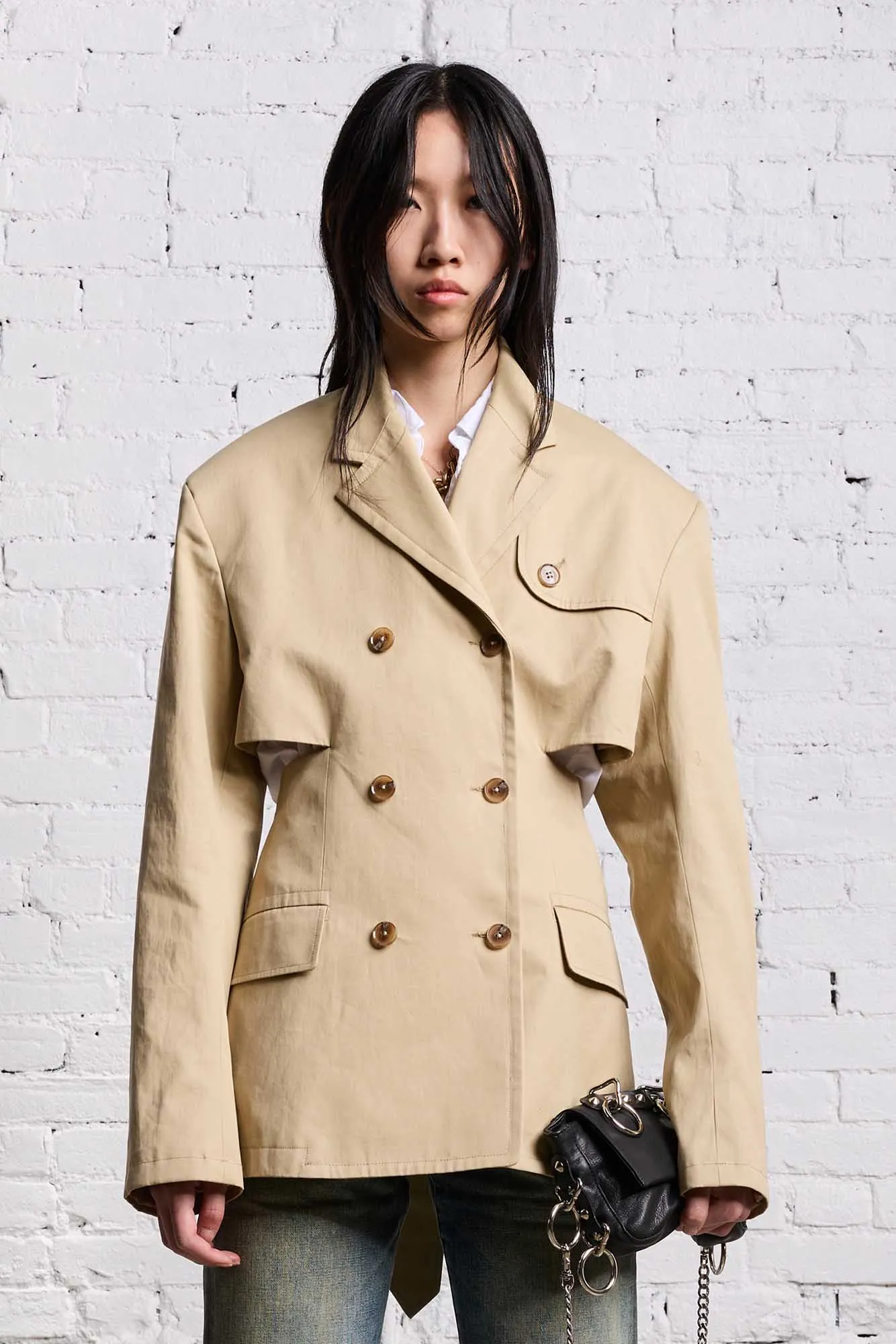 DOUBLE BREASTED OPEN BACK BLAZER - LIGHT KHAKI sold by R13 product image thumbnail 3