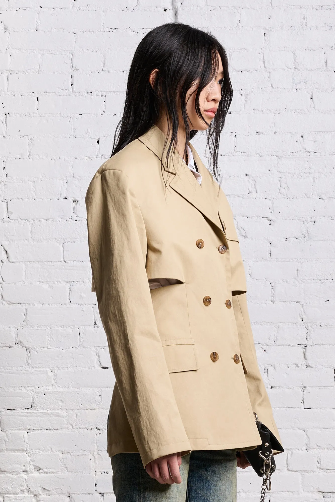 DOUBLE BREASTED OPEN BACK BLAZER - LIGHT KHAKI sold by R13 product image thumbnail 4