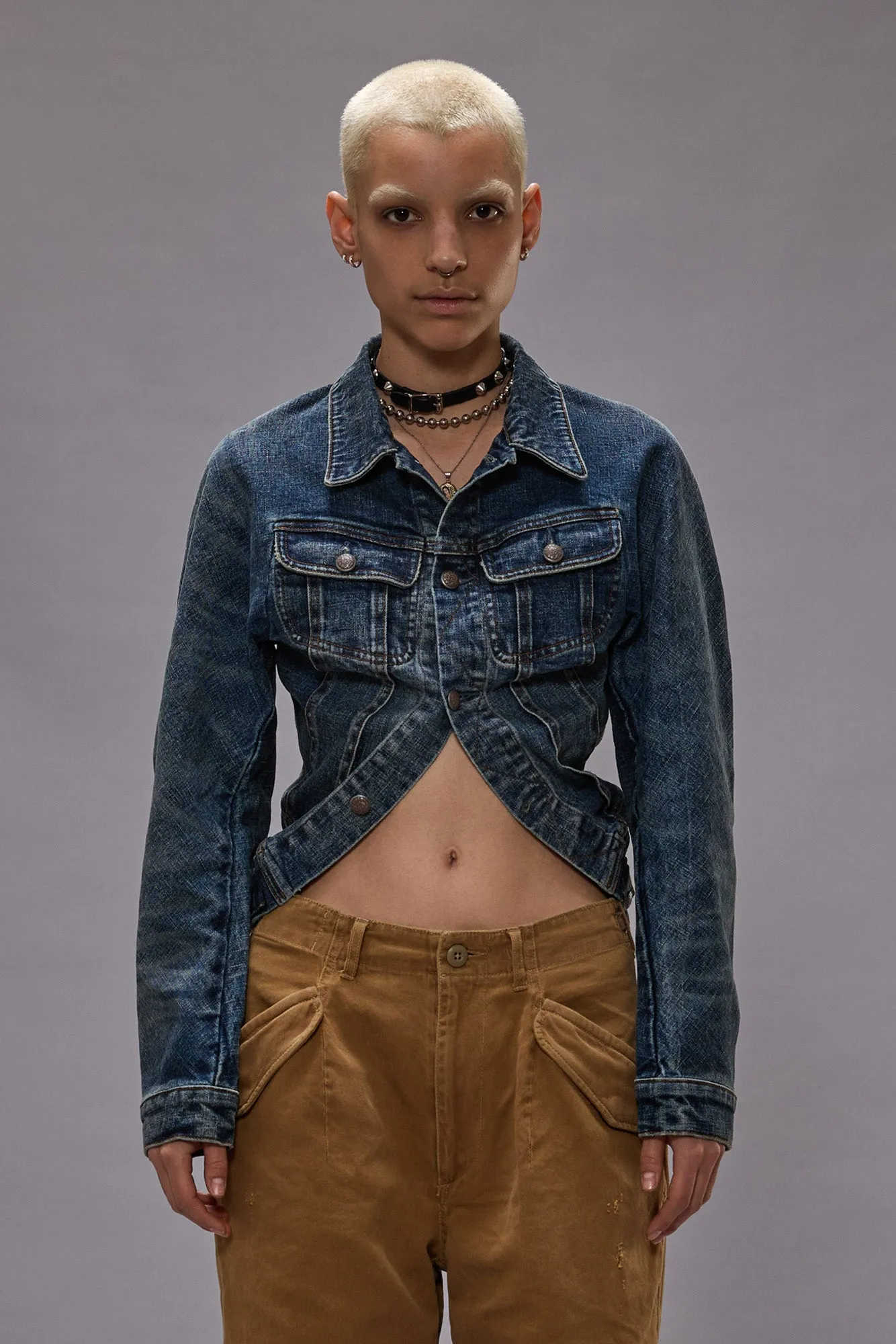SKINNY WRAP AROUND TRUCKER JACKET - MELVIN BLUE STRETCH sold by R13 product image thumbnail 2