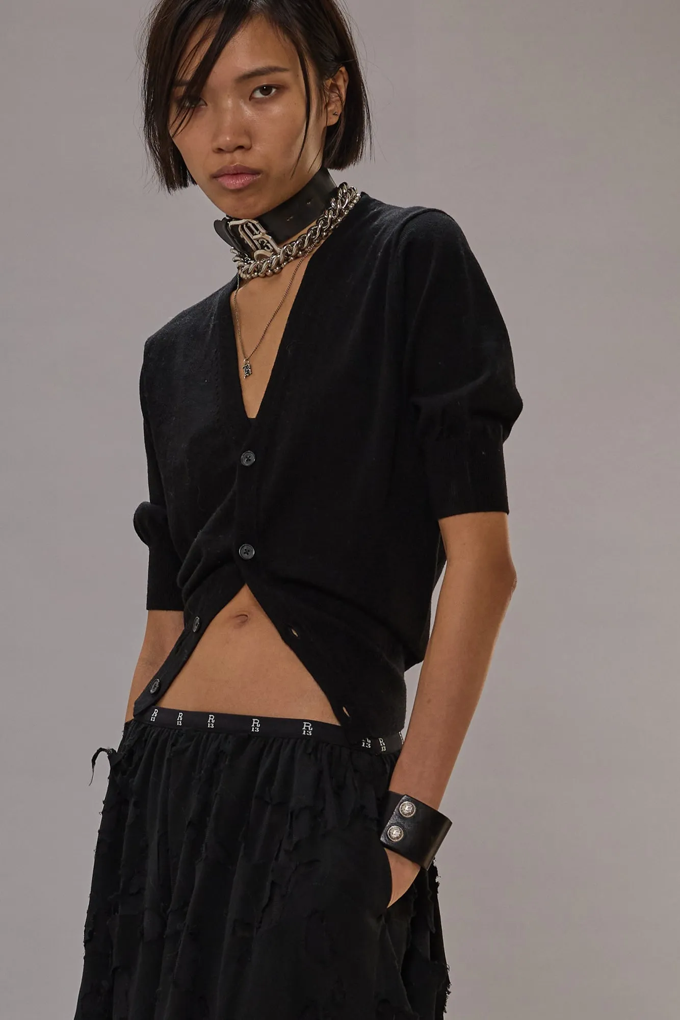 ELBOW SLEEVE SPLIT HEM CARDIGAN - BLACK sold by R13