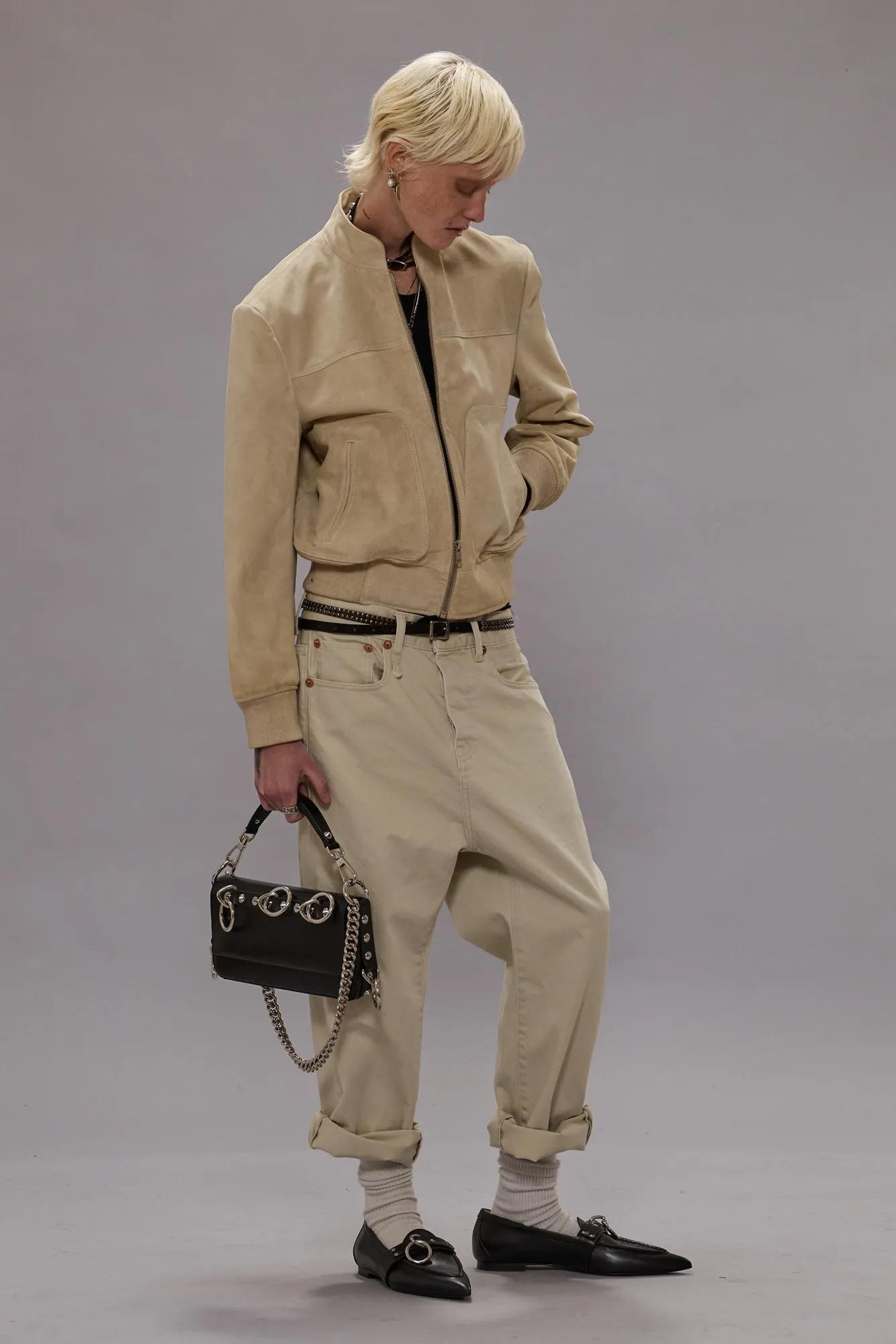 SHRUNKEN LEATHER JACKET WITH STAND COLLAR - STONE sold by R13 product image thumbnail 2