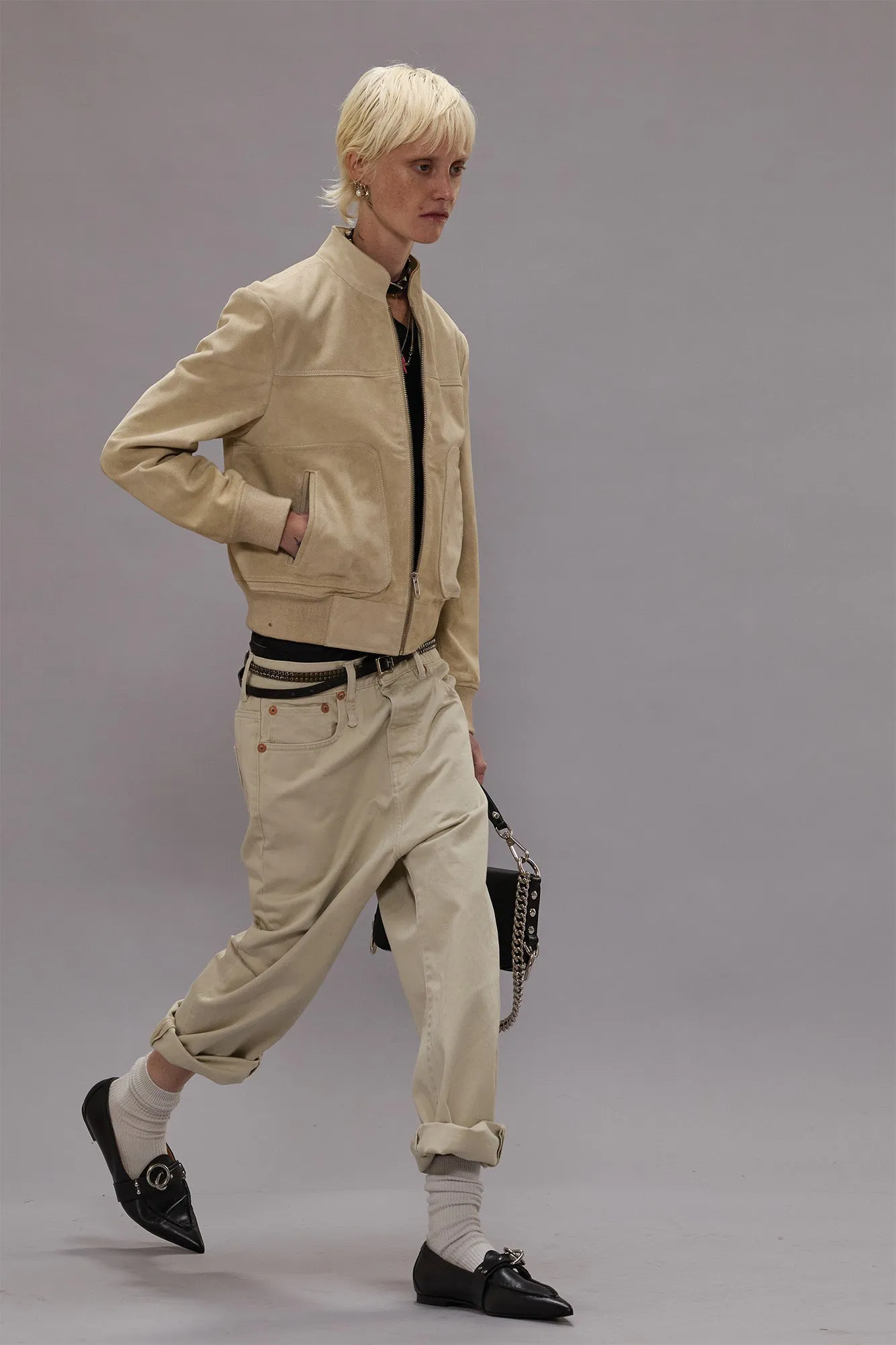 SHRUNKEN LEATHER JACKET WITH STAND COLLAR - STONE sold by R13