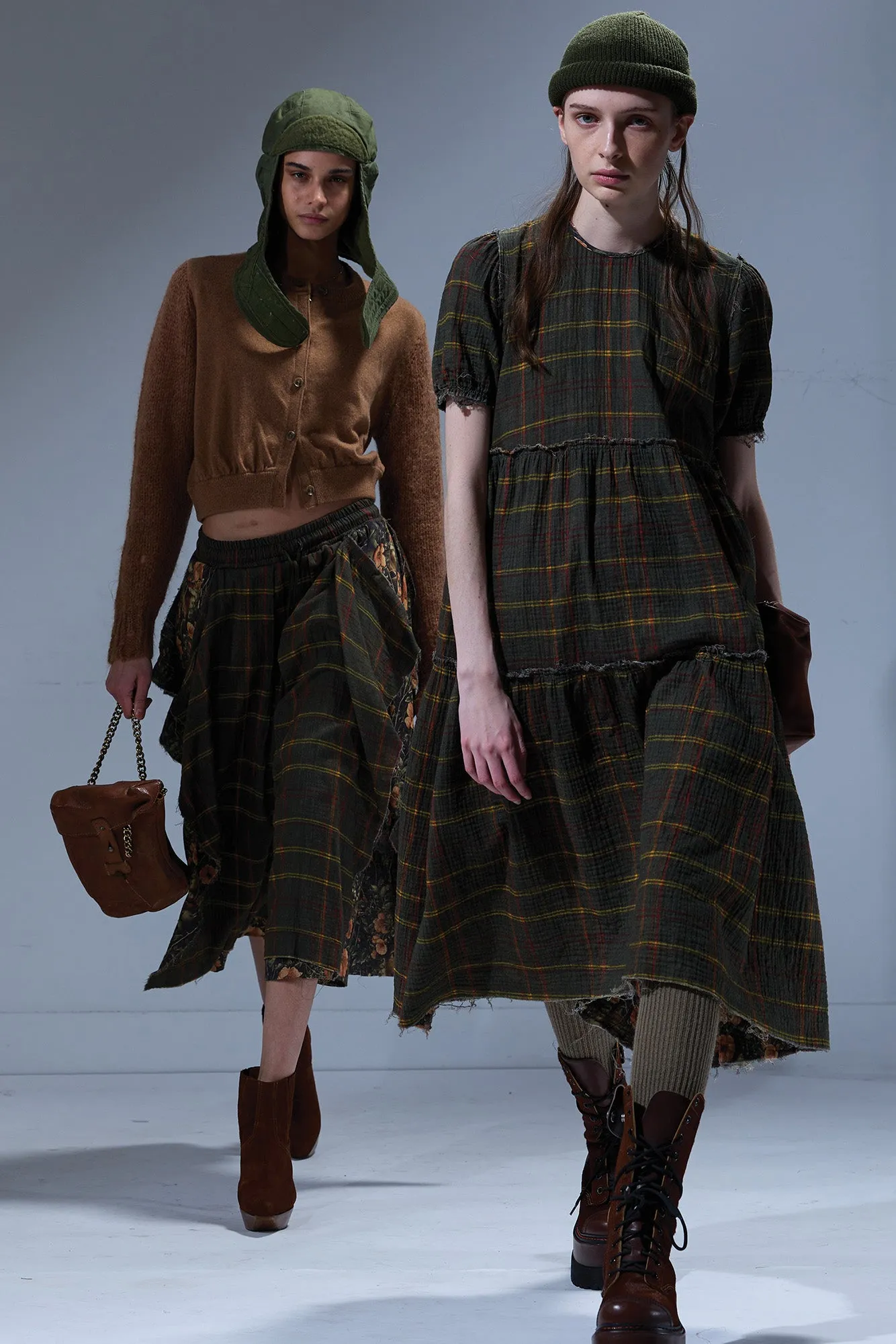 REVERSIBLE SHREDDED RELAXED MIDI - OLIVE PLAID WITH FLORAL CAMO GREEN sold by R13