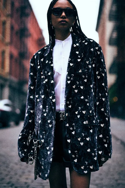 OVERSIZED RAGGED BLAZER - HEARTS ON BLACK sold by R13