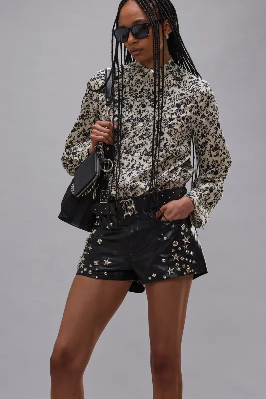 PLEATED TUXEDO FRONT SHIRT - BLACK FLORAL ON ECRU sold by R13