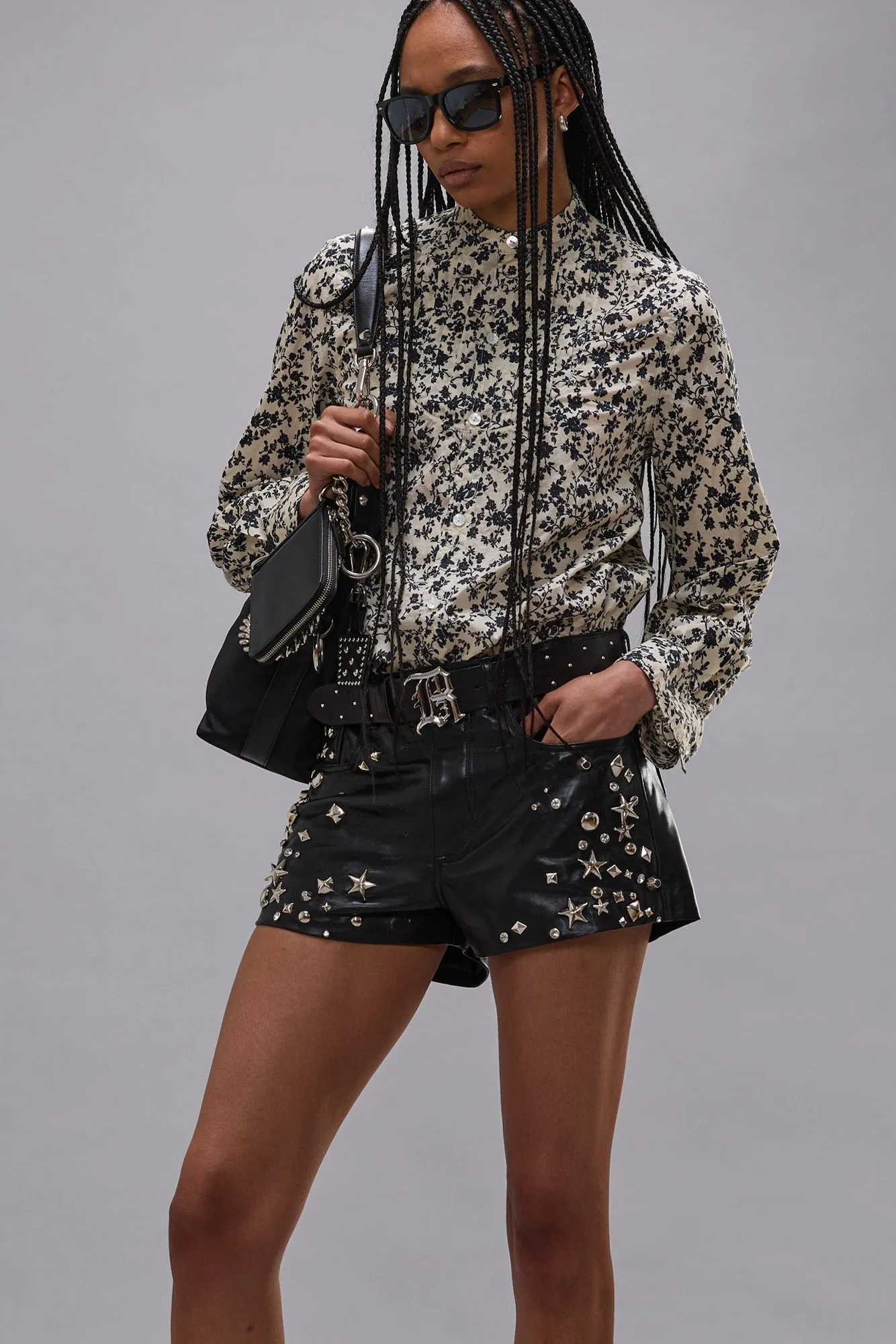 PLEATED TUXEDO FRONT SHIRT - BLACK FLORAL ON ECRU sold by R13