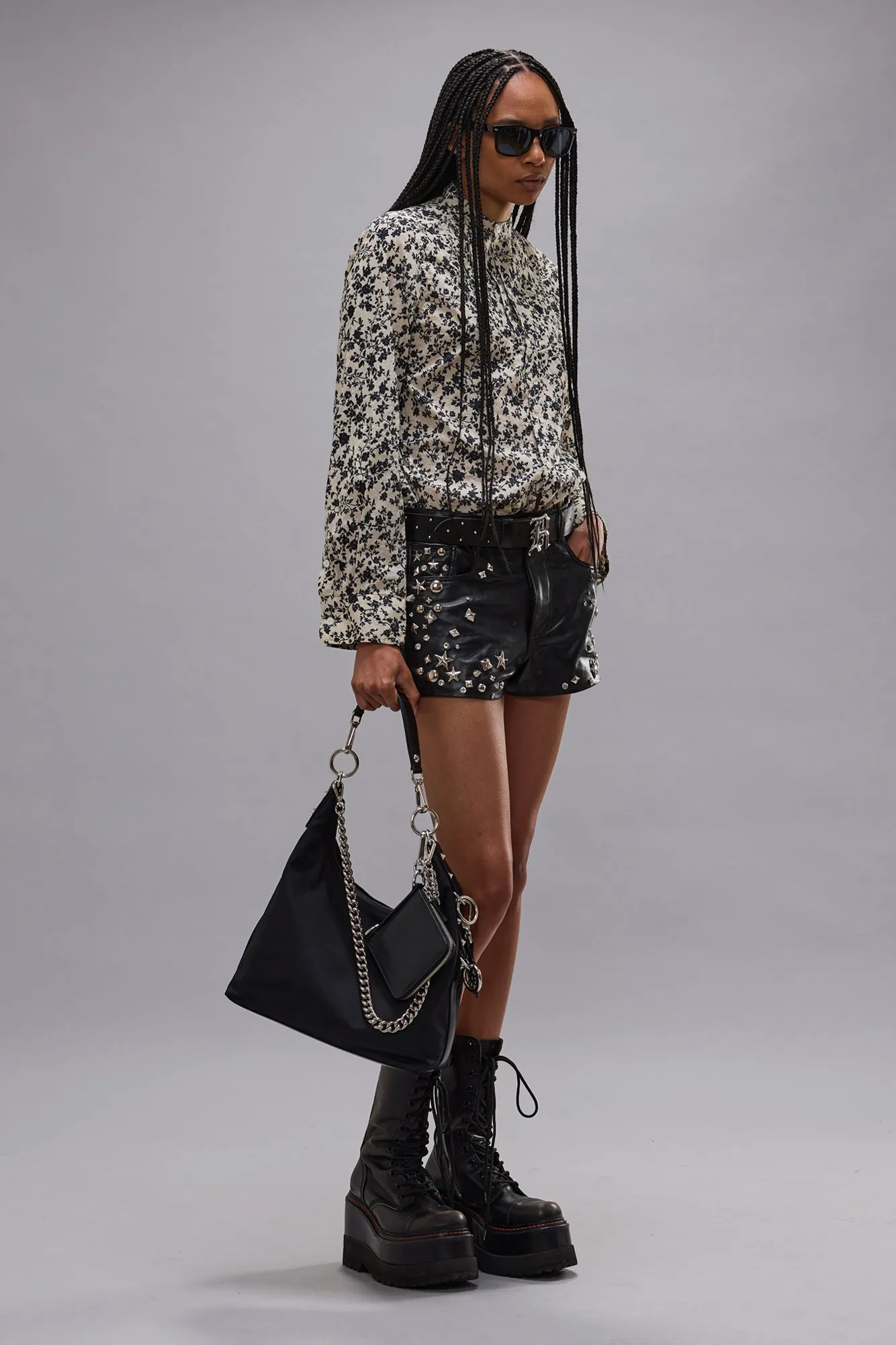 PLEATED TUXEDO FRONT SHIRT - BLACK FLORAL ON ECRU sold by R13 product image thumbnail 2