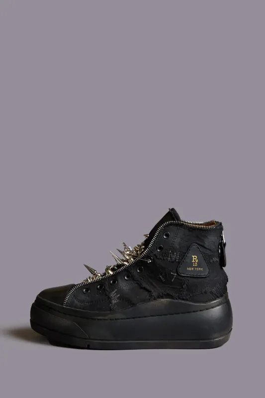LACE FREE KURT HIGH TOP - BLACK CANVAS W FRAYED AND STUDS sold by R13