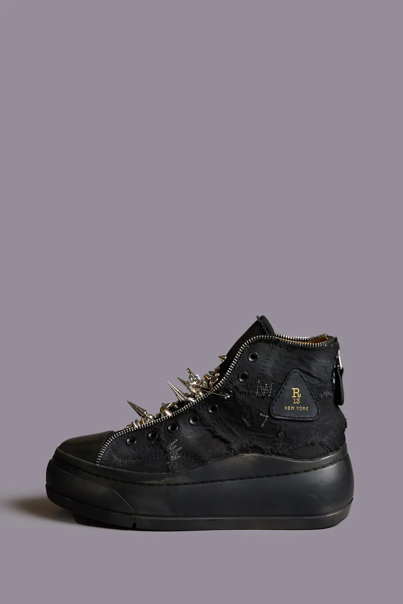 LACE FREE KURT HIGH TOP - BLACK CANVAS W FRAYED AND STUDS sold by R13