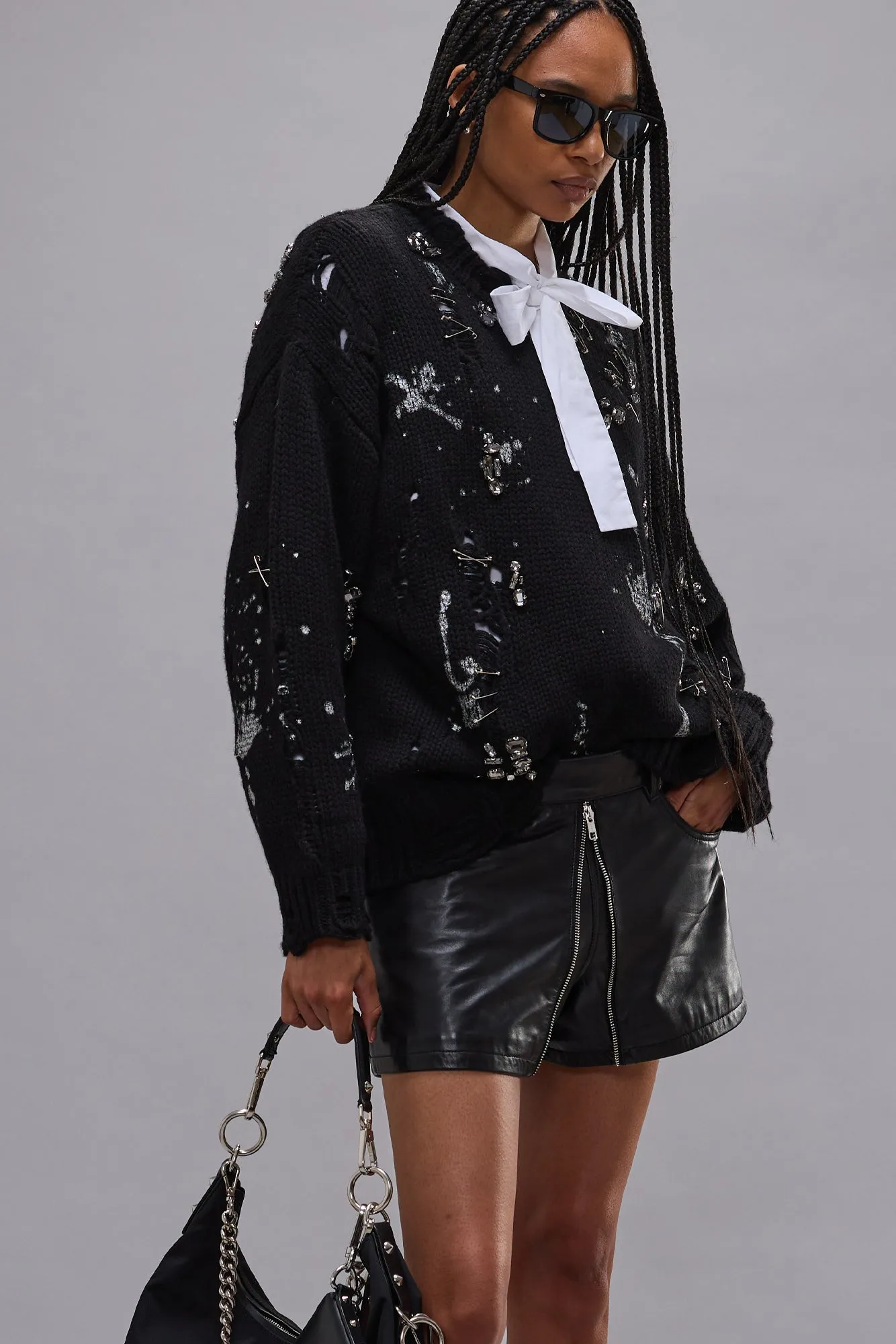 DISTRESSED OVERSIZED SWEATER WITH CRYSTALS AND PINS - BLACK sold by R13 product image thumbnail 2