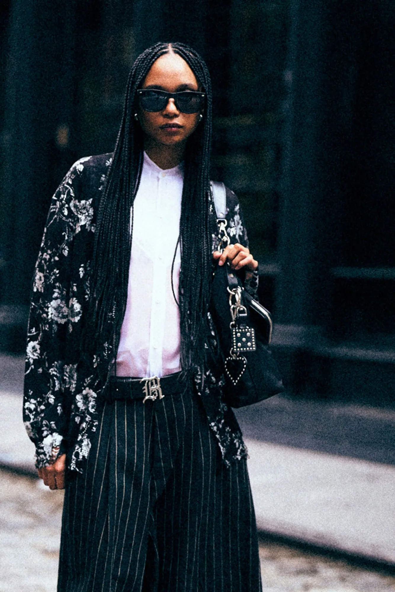 PRINTED BOYFRIEND CARDIGAN - SILVER FLORAL ON BLACK sold by R13