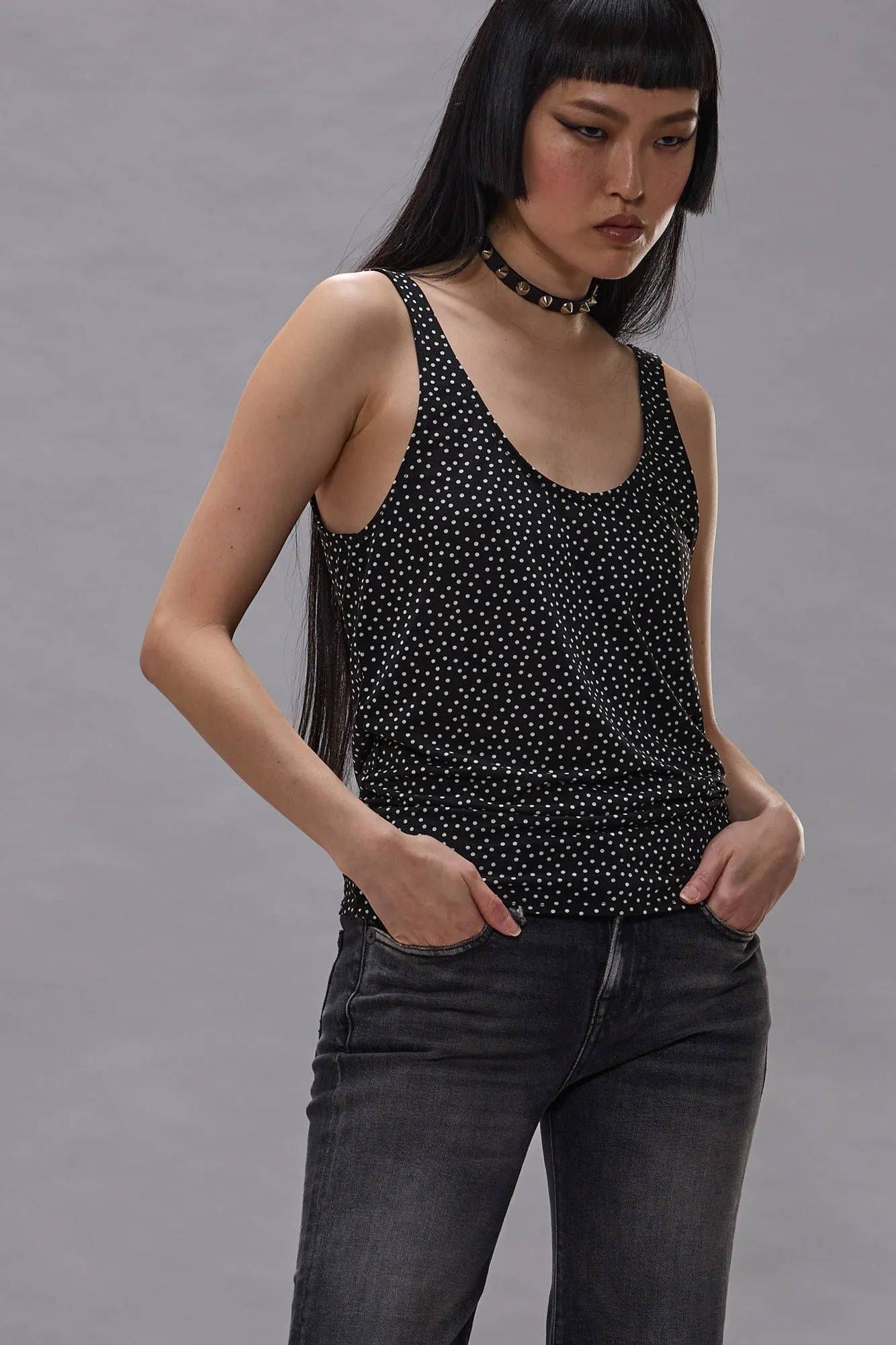 POLKADOT CAMI TEE - ECRU MINI POLKADOT ON BLACK sold by R13